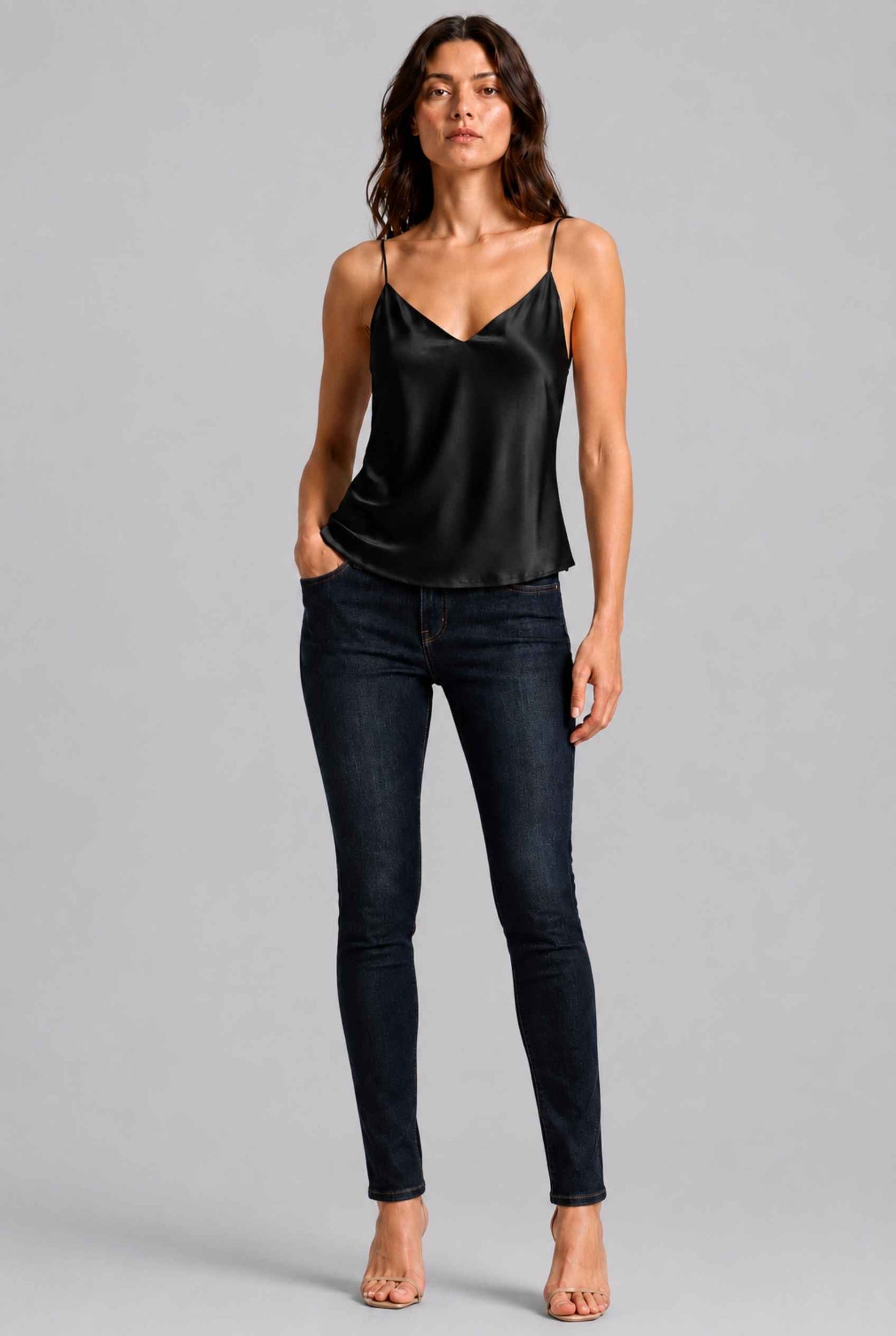 Virtual Model wearing The Elena Satin Camisole V-Neck Liquid Satin Black Tank Top