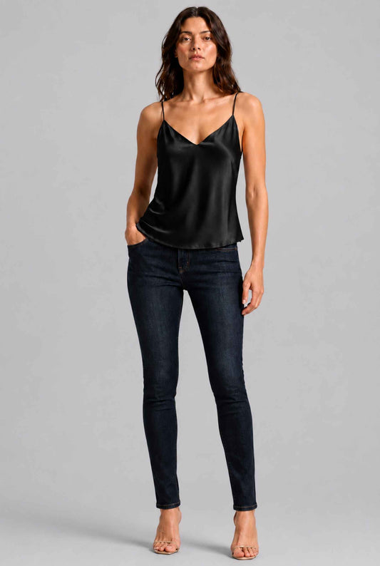 Virtual Model wearing The Elena Satin Camisole V-Neck Liquid Satin Black Tank Top