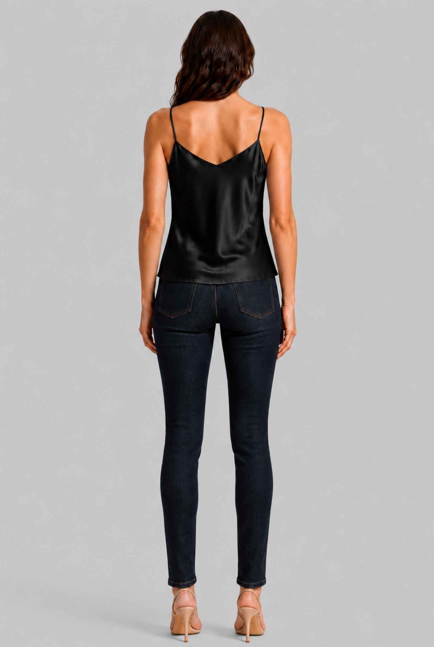 Virtual Model wearing The Elena Satin Camisole V-Neck Liquid Satin Black Tank Top