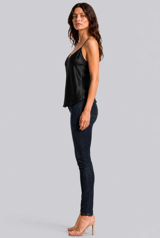 Virtual Model wearing The Elena Satin Camisole V-Neck Liquid Satin Black Tank Top