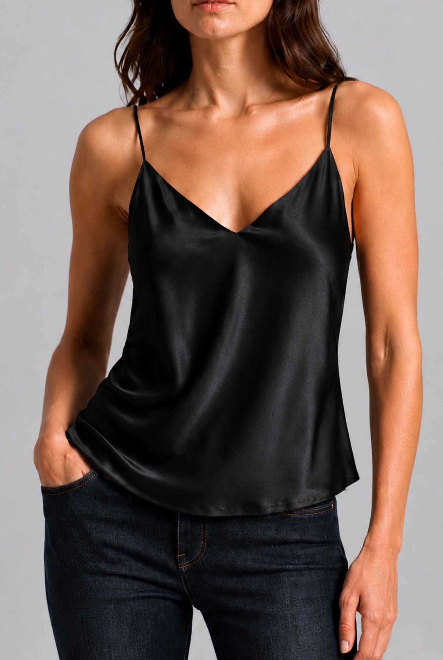 Virtual Model wearing The Elena Satin Camisole V-Neck Liquid Satin Black Tank Top