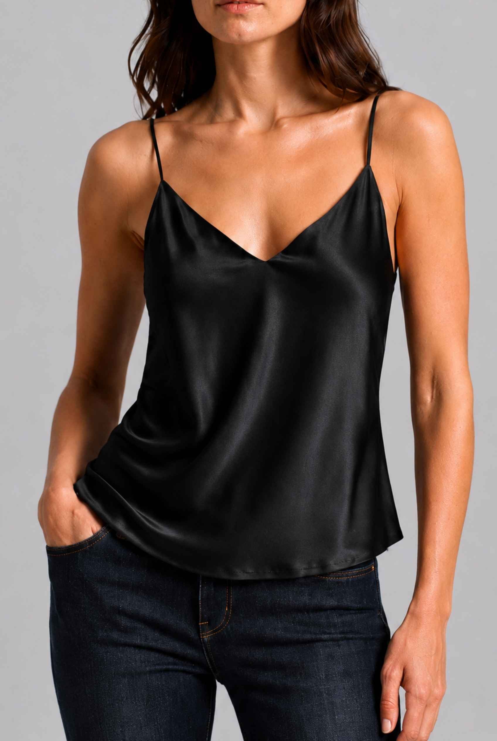 Virtual Model wearing The Elena Satin Camisole V-Neck Liquid Satin Black Tank Top