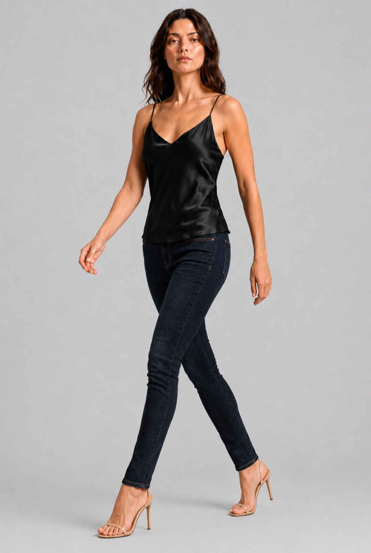 Virtual Model wearing The Elena Satin Camisole V-Neck Liquid Satin Black Tank Top