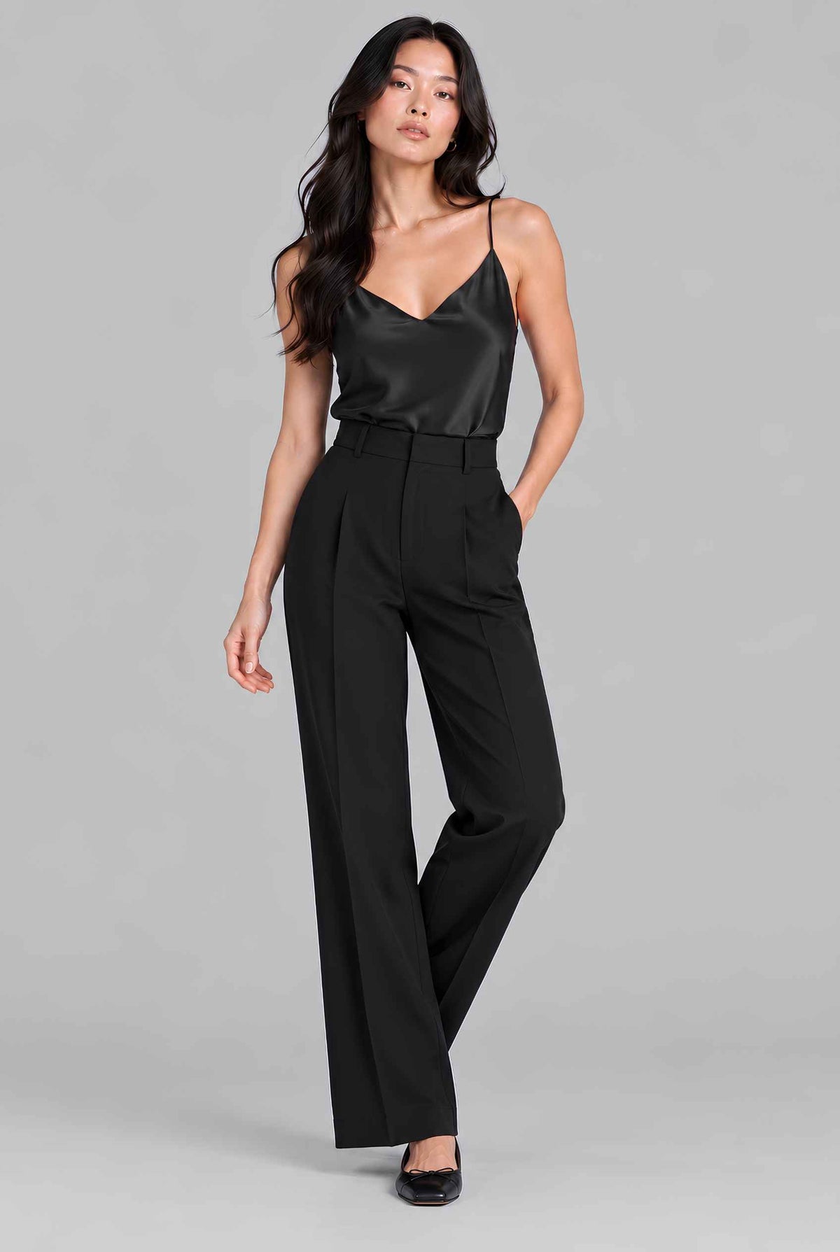 Virtual model wearing The Elena Satin Camisole V-Neck Liquid Satin Tank Top in Black