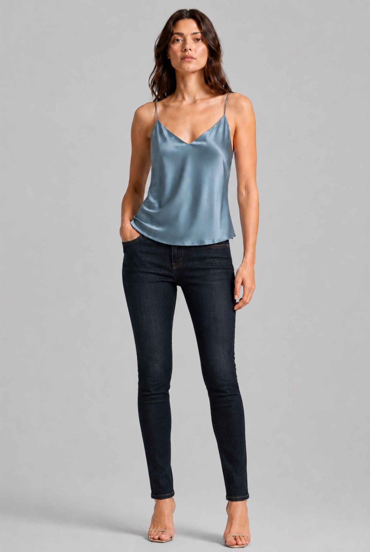Virtual Model wearing The Elena Satin Camisole V-Neck Liquid Satin Blue Tank Top