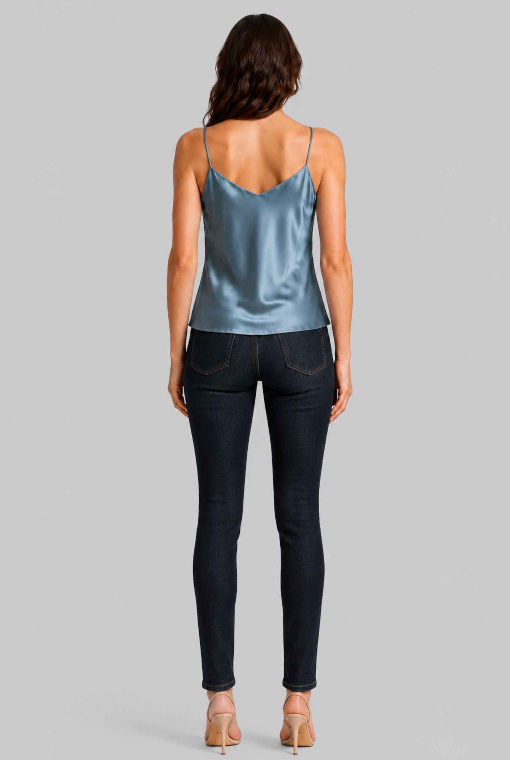 Virtual Model wearing The Elena Satin Camisole V-Neck Liquid Satin Blue Tank Top