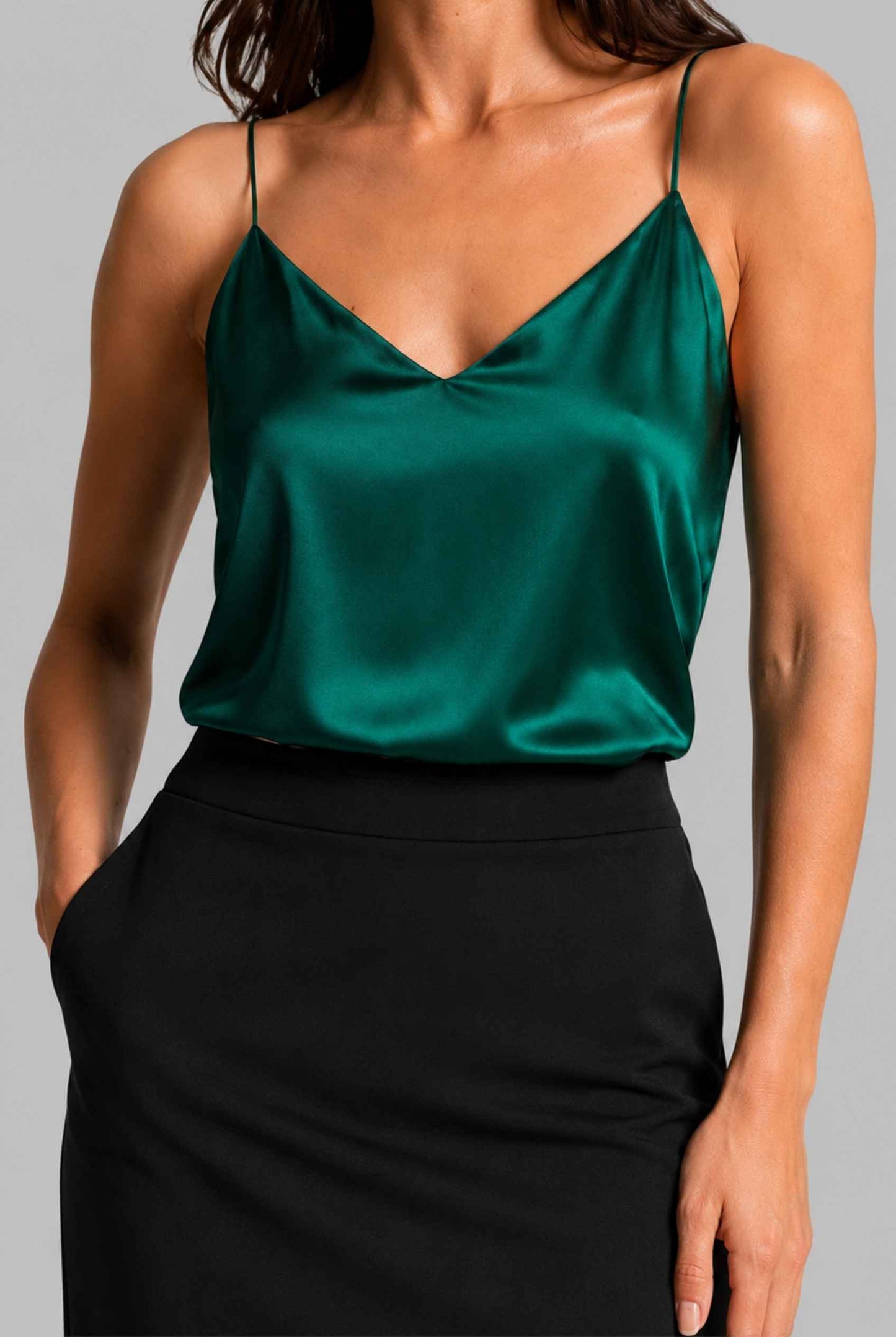 Virtual Model wearing The Elena Satin Camisole V-Neck Liquid Satin Green Tank Top