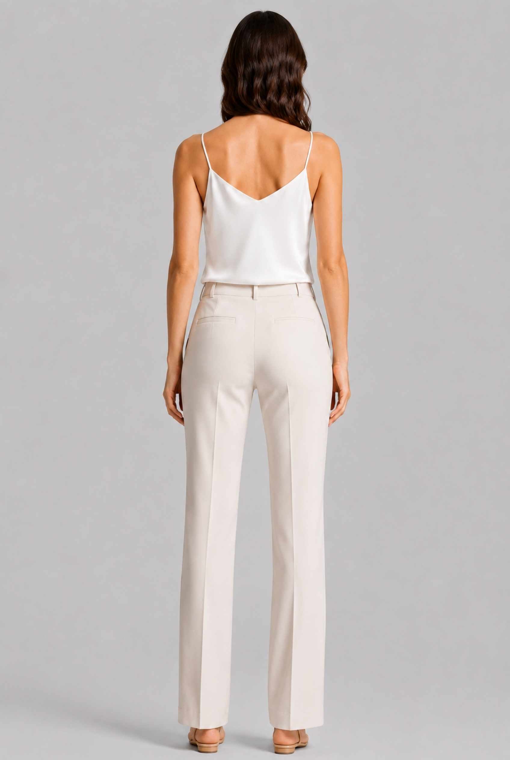 Virtual Model wearing The Elena Satin Camisole V-Neck Liquid Satin Ivory Tank Top