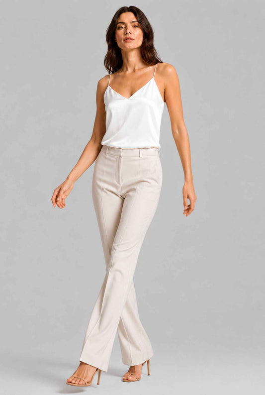 Virtual Model wearing The Elena Satin Camisole V-Neck Liquid Satin Ivory Tank Top