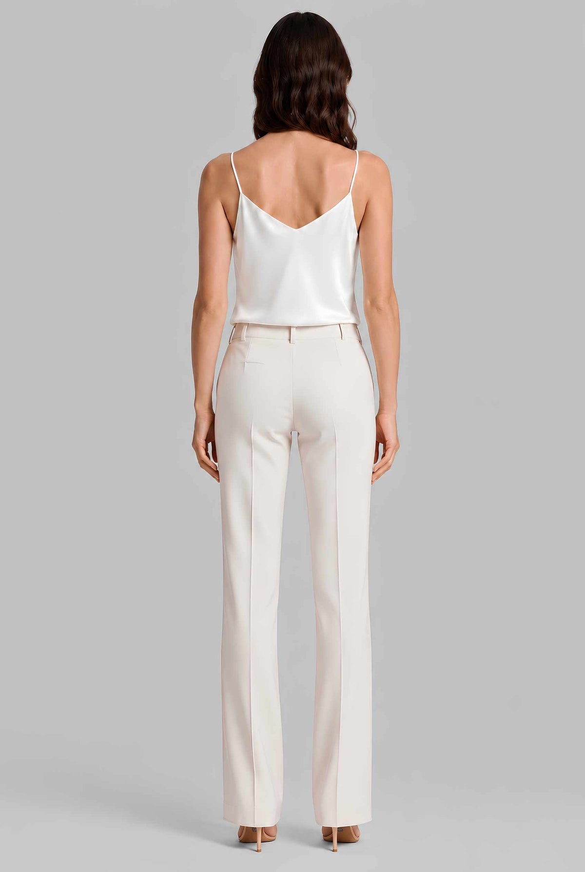 Virtual model wearing The Elena Satin Camisole V-Neck Liquid Satin Tank Top in Ivory