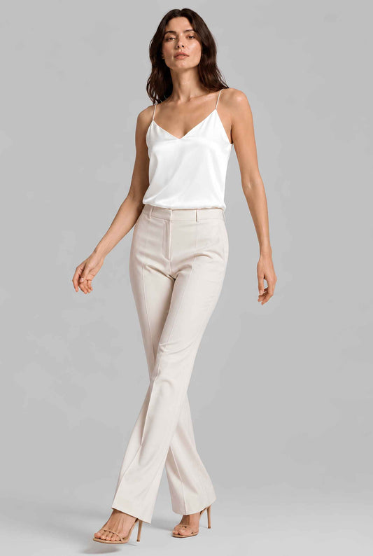 Virtual model wearing The Elena Satin Camisole V-Neck Liquid Satin Tank Top in Ivory
