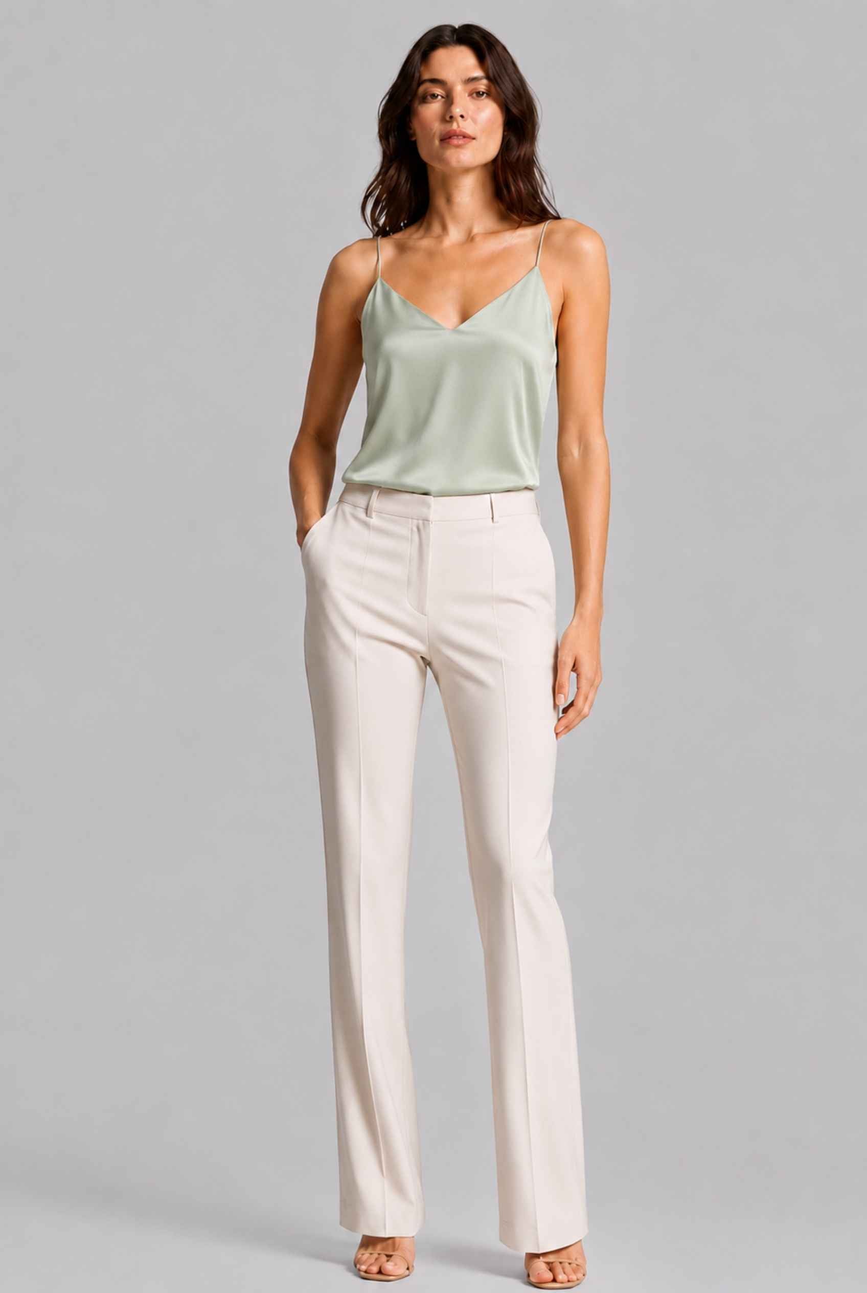 Virtual Model wearing The Elena Satin Camisole V-Neck Liquid Satin Mint Tank Top