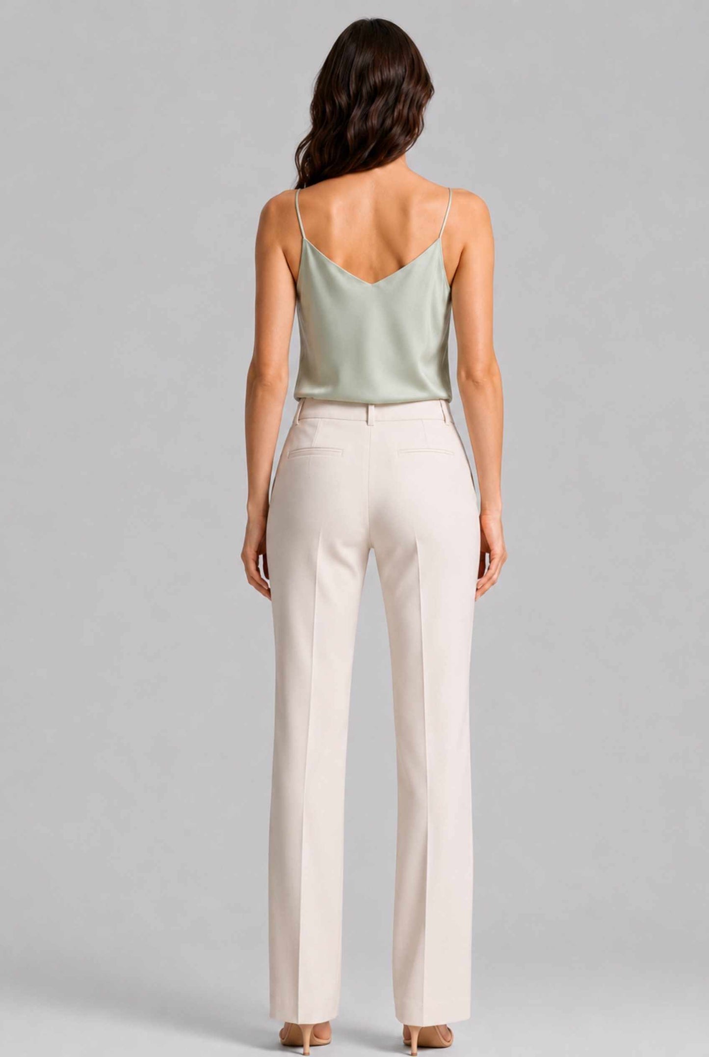 Virtual Model wearing The Elena Satin Camisole V-Neck Liquid Satin Mint Tank Top
