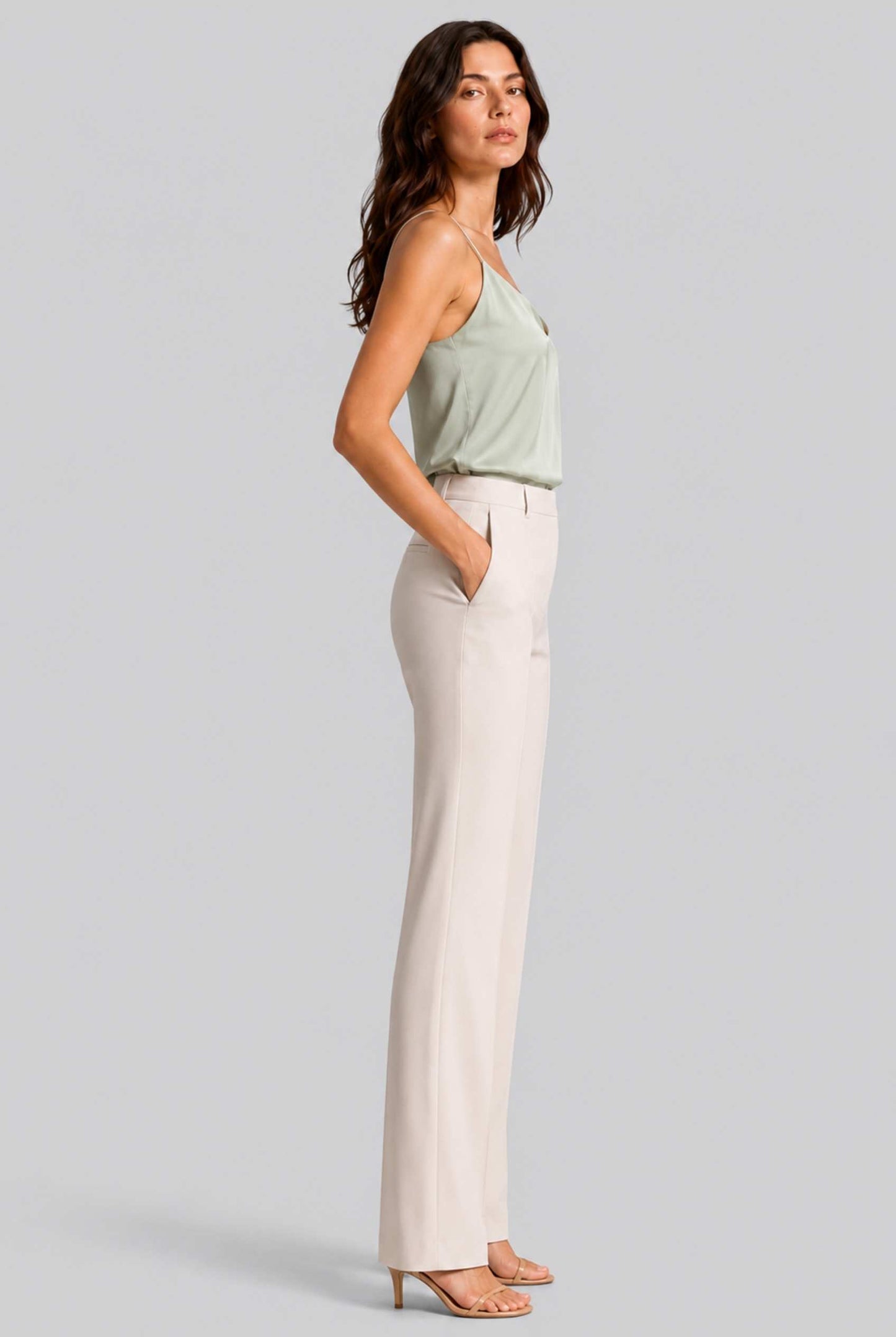 Virtual Model wearing The Elena Satin Camisole V-Neck Liquid Satin Mint Tank Top
