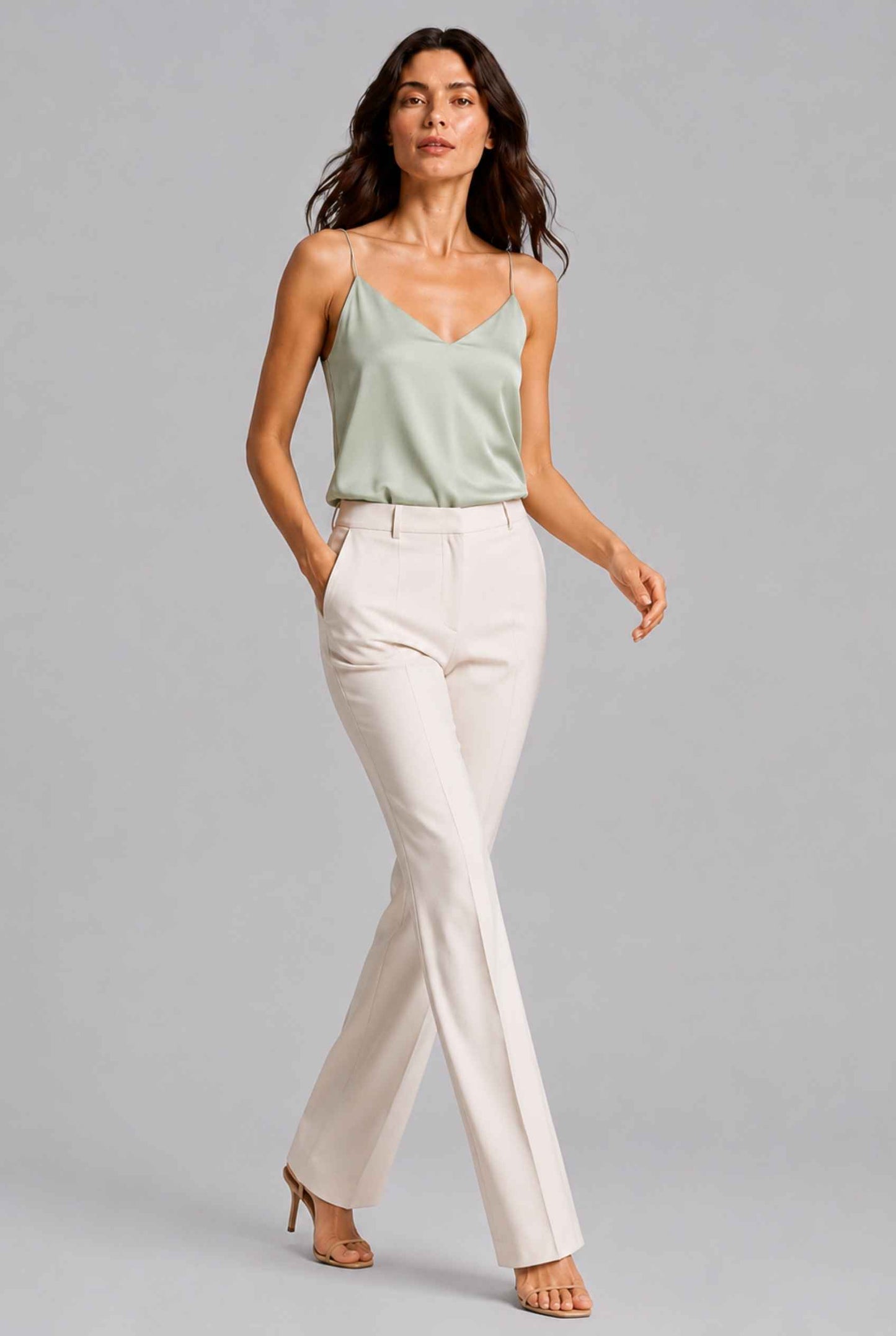 Virtual Model wearing The Elena Satin Camisole V-Neck Liquid Satin Mint Tank Top