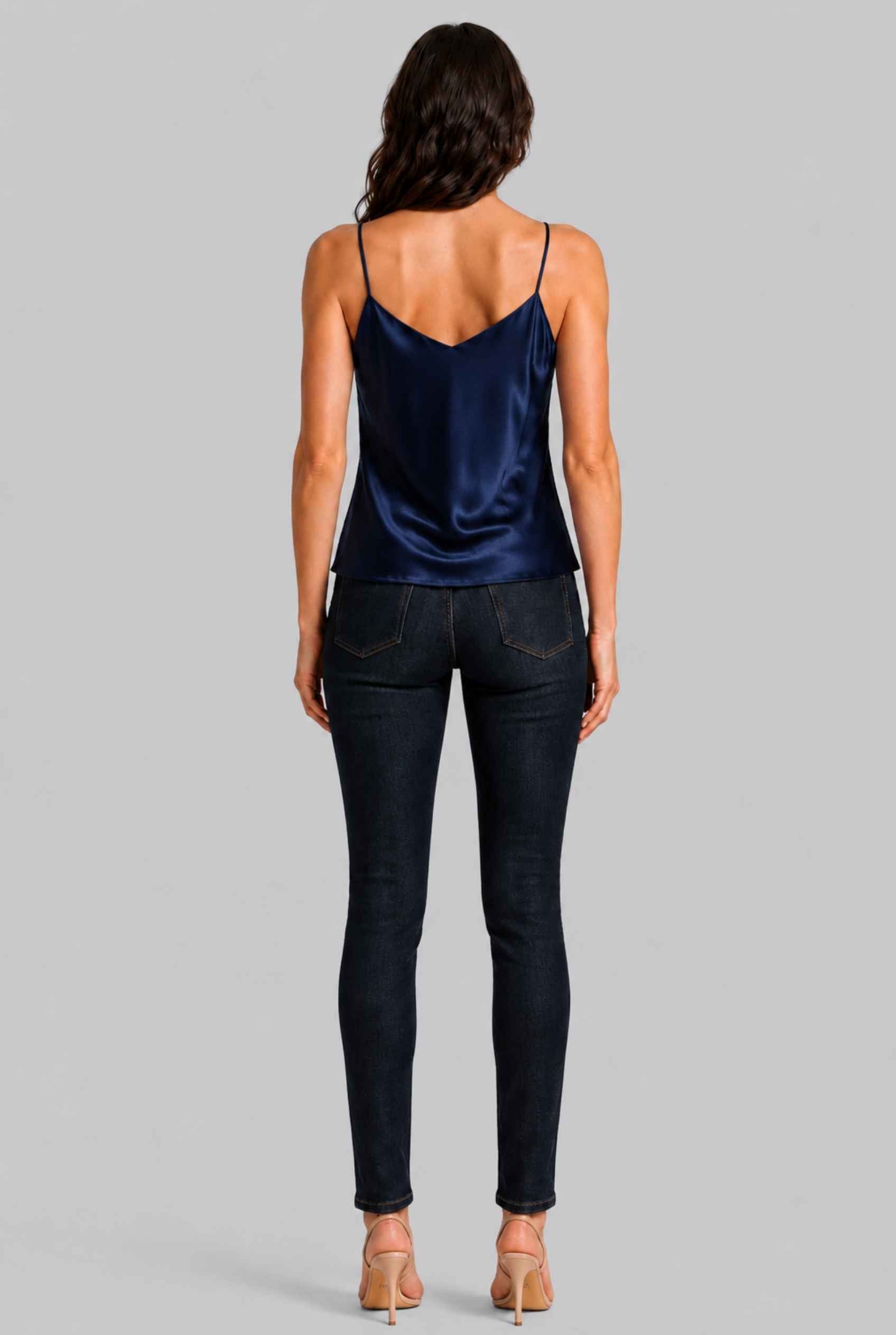 Virtual Model wearing The Elena Satin Camisole V-Neck Liquid Satin Navy Tank Top