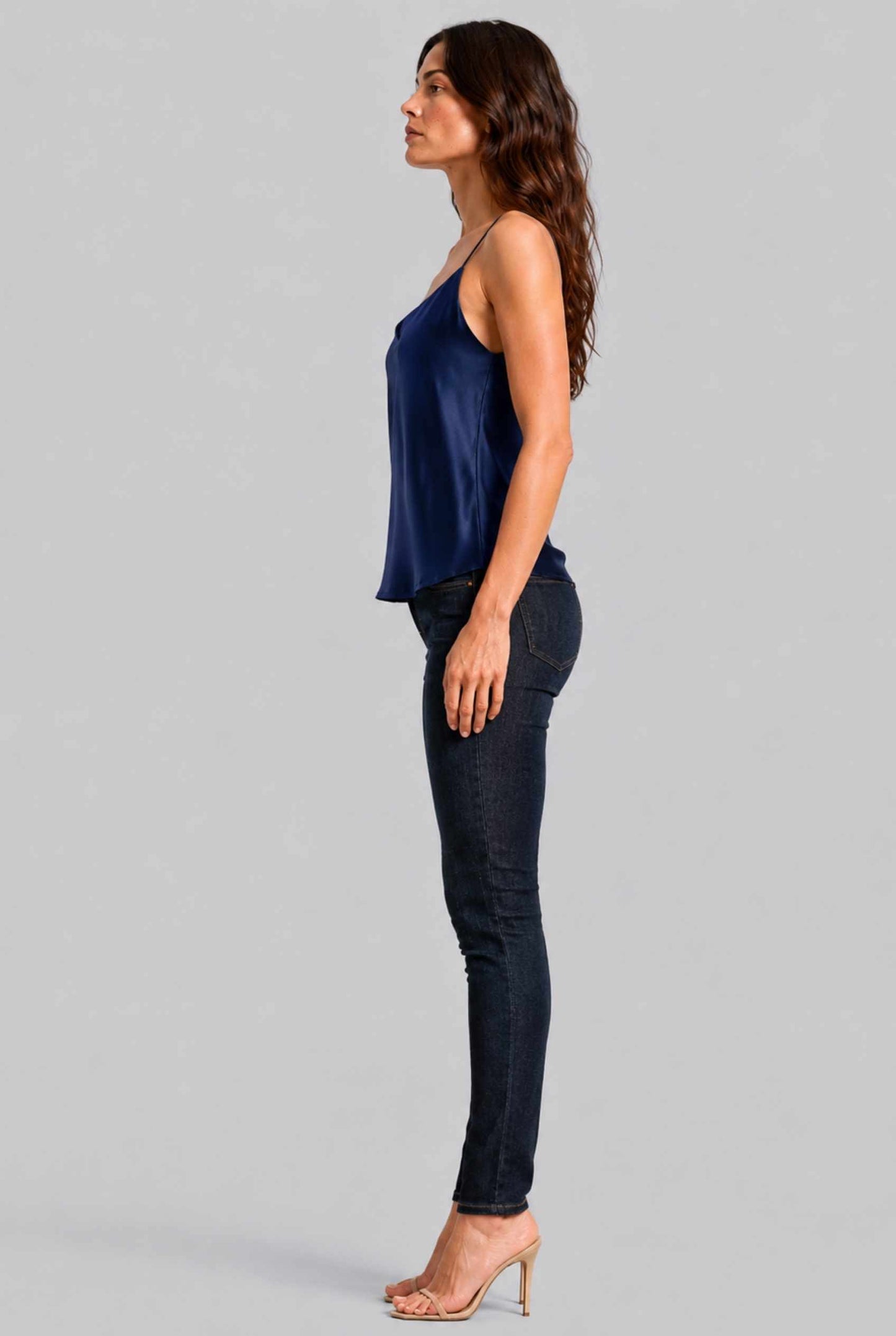 Virtual Model wearing The Elena Satin Camisole V-Neck Liquid Satin Navy Tank Top