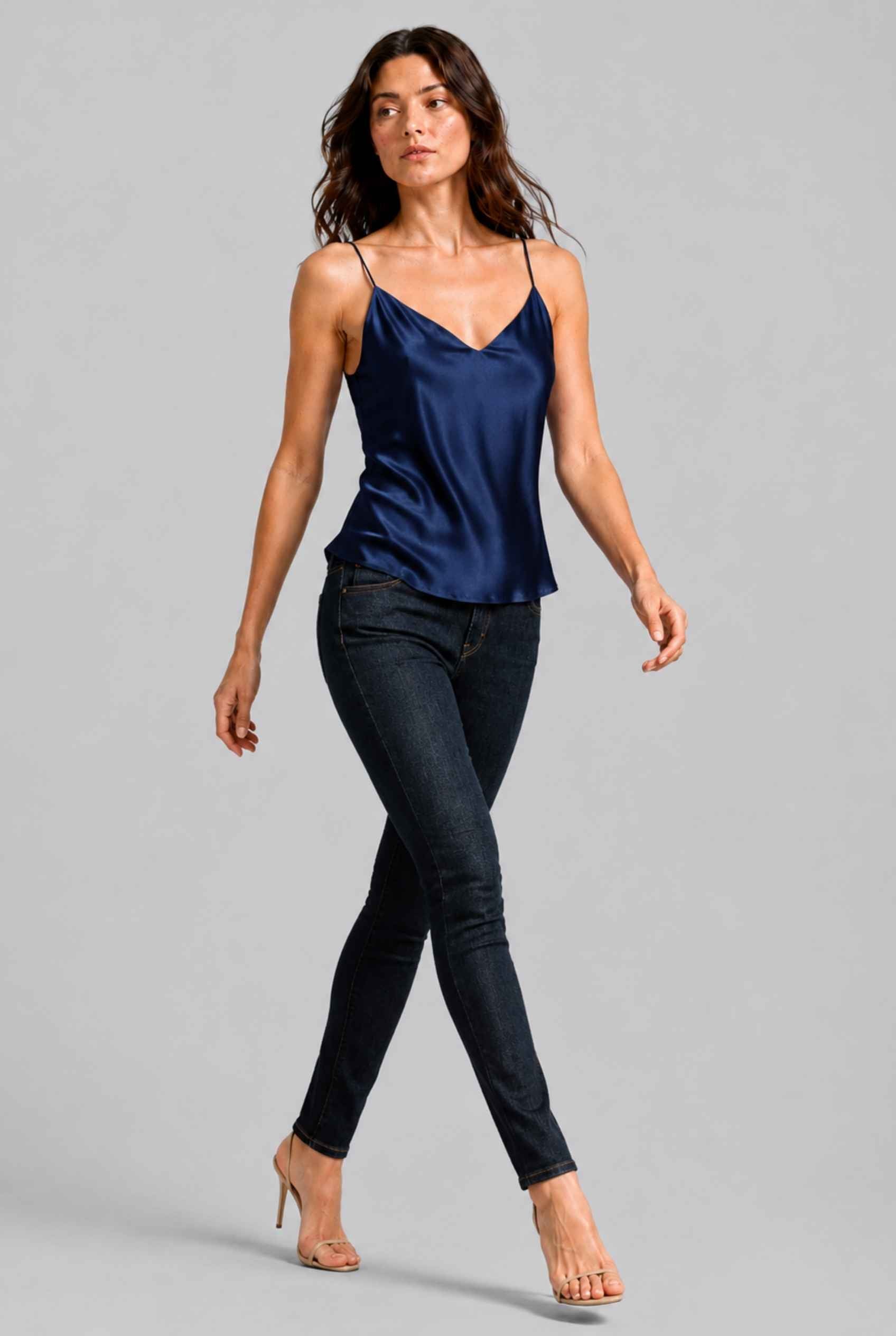 Virtual Model wearing The Elena Satin Camisole V-Neck Liquid Satin Navy Tank Top