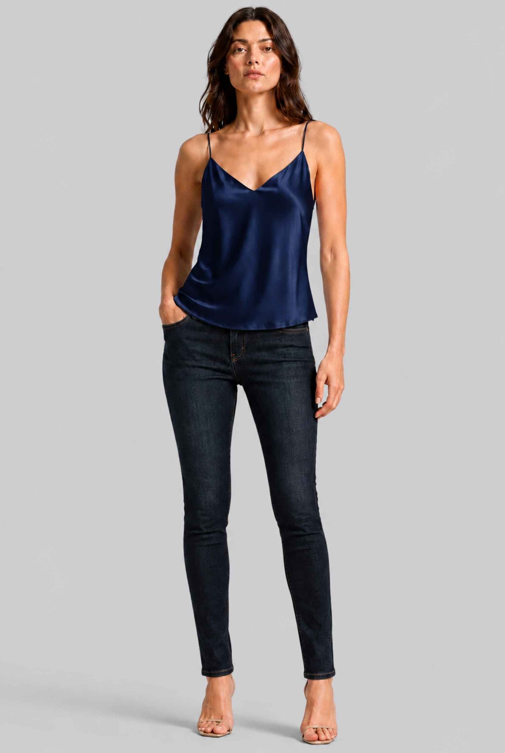 Virtual Model wearing The Elena Satin Camisole V-Neck Liquid Satin Navy Tank Top
