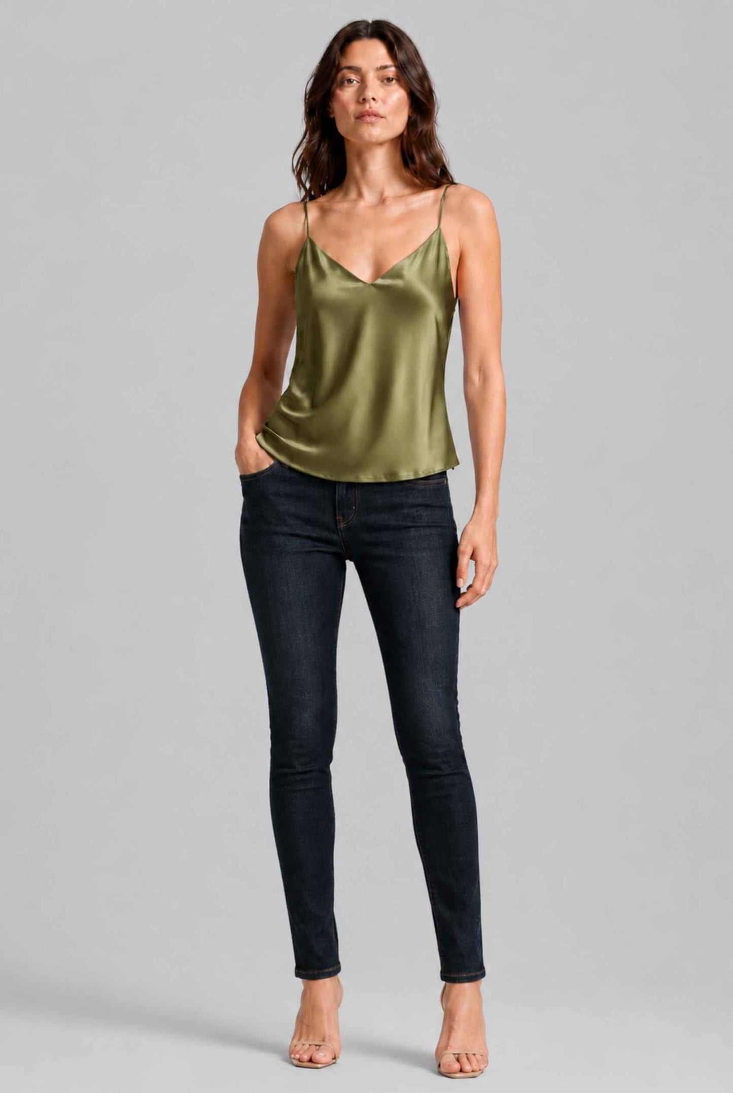 Virtual Model wearing The Elena Satin Camisole V-Neck Liquid Satin Olive Tank Top