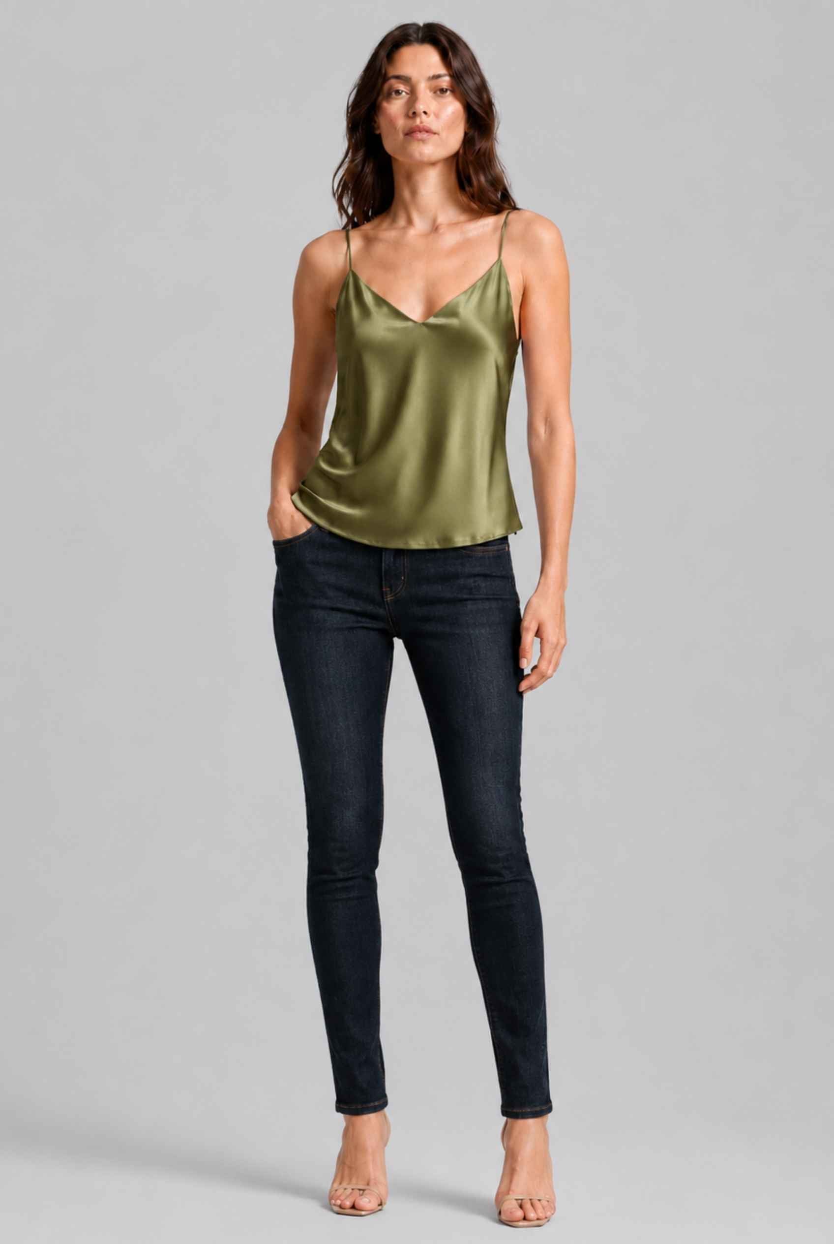 Virtual Model wearing The Elena Satin Camisole V-Neck Liquid Satin Olive Tank Top