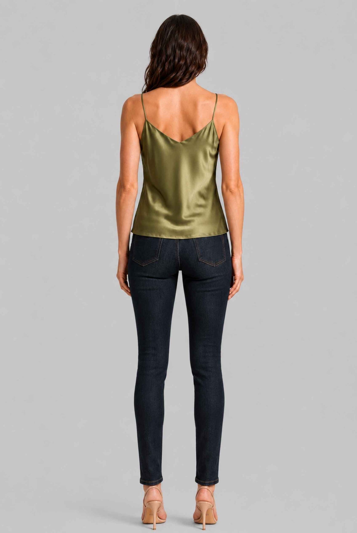 Virtual Model wearing The Elena Satin Camisole V-Neck Liquid Satin Olive Tank Top