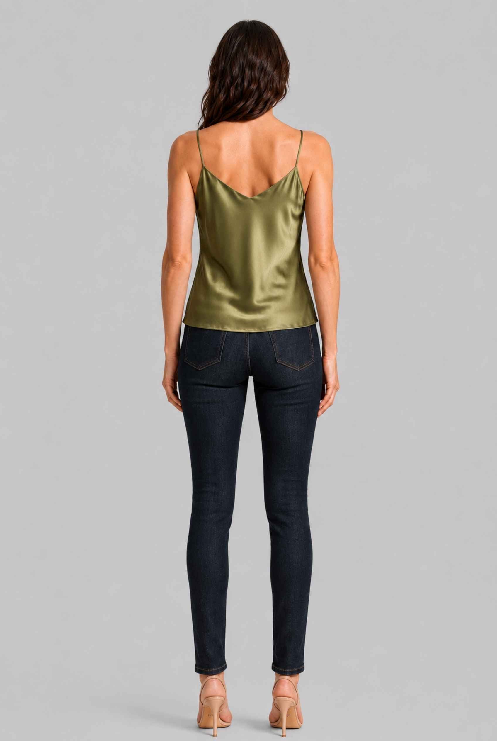 Virtual Model wearing The Elena Satin Camisole V-Neck Liquid Satin Olive Tank Top