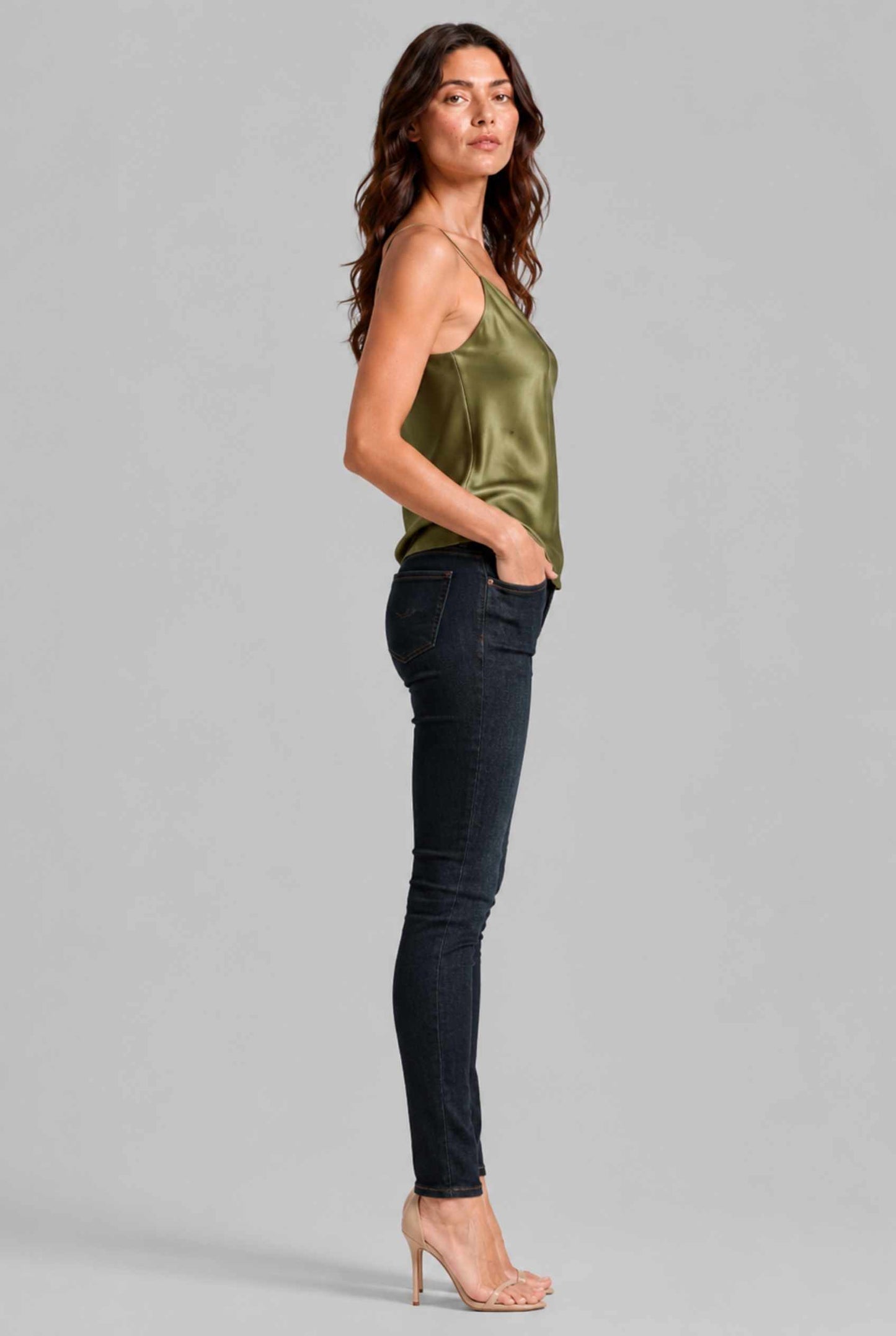 Virtual Model wearing The Elena Satin Camisole V-Neck Liquid Satin Olive Tank Top