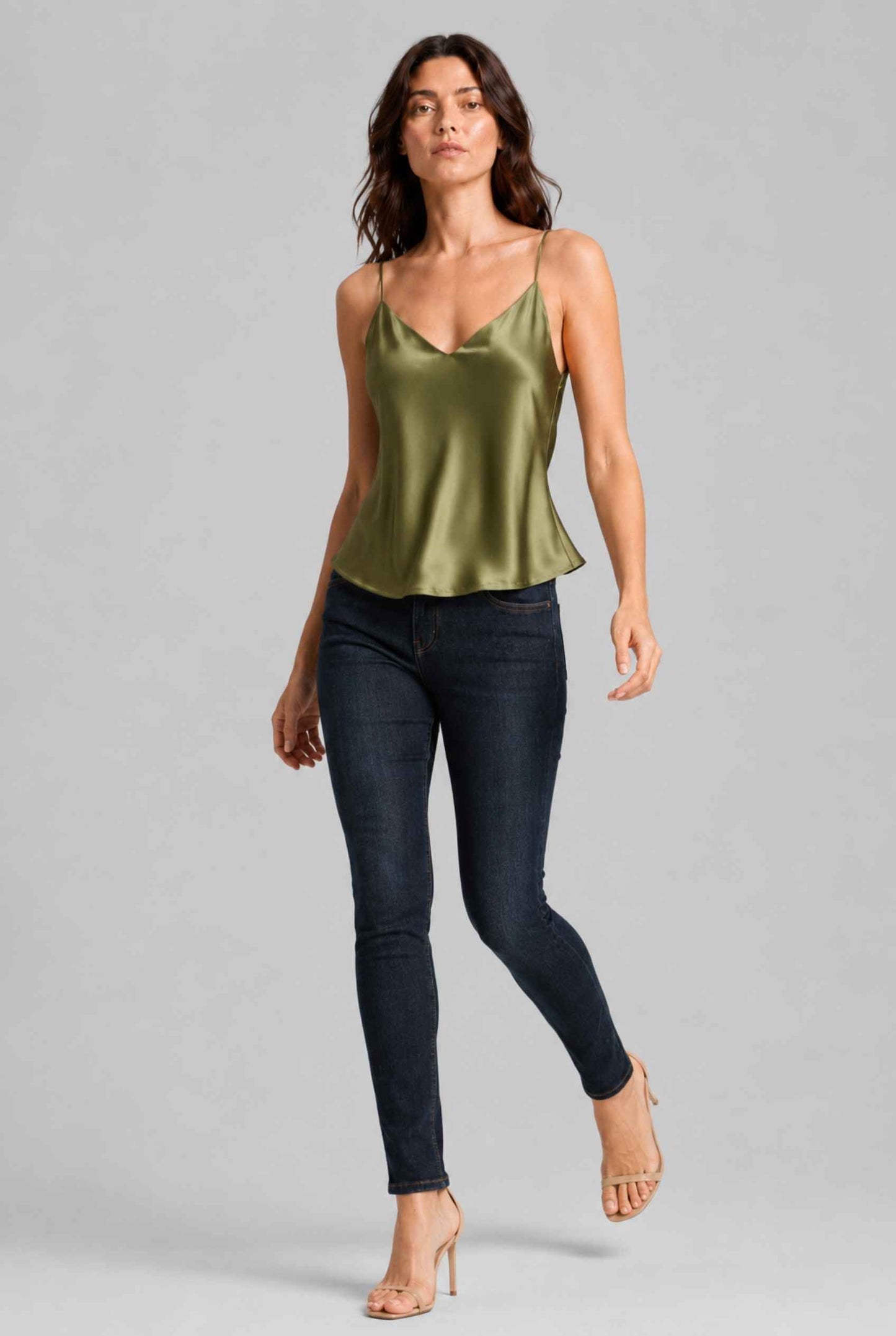 Virtual Model wearing The Elena Satin Camisole V-Neck Liquid Satin Olive Tank Top