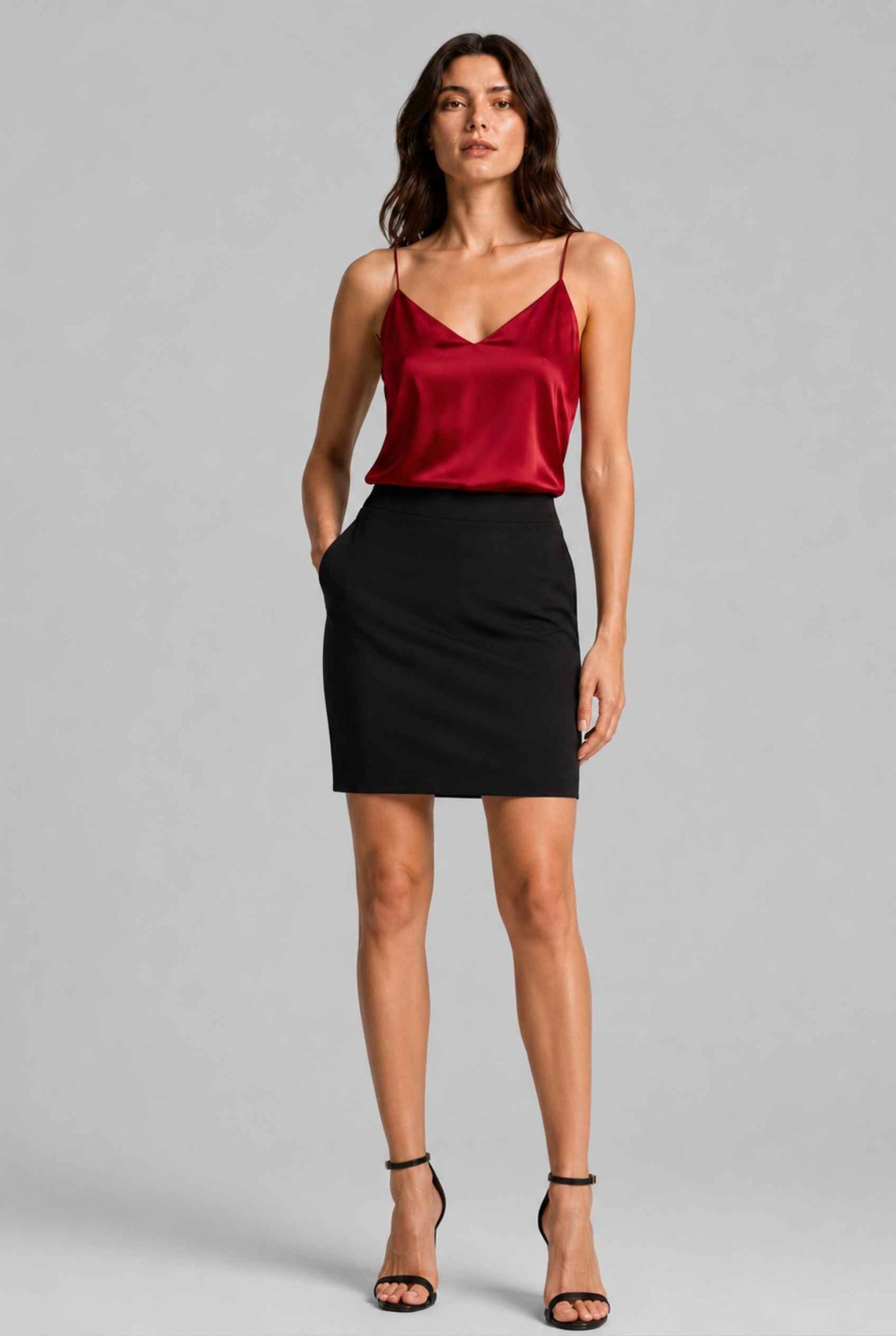 Virtual Model wearing The Elena Satin Camisole V-Neck Liquid Satin Red Tank Top