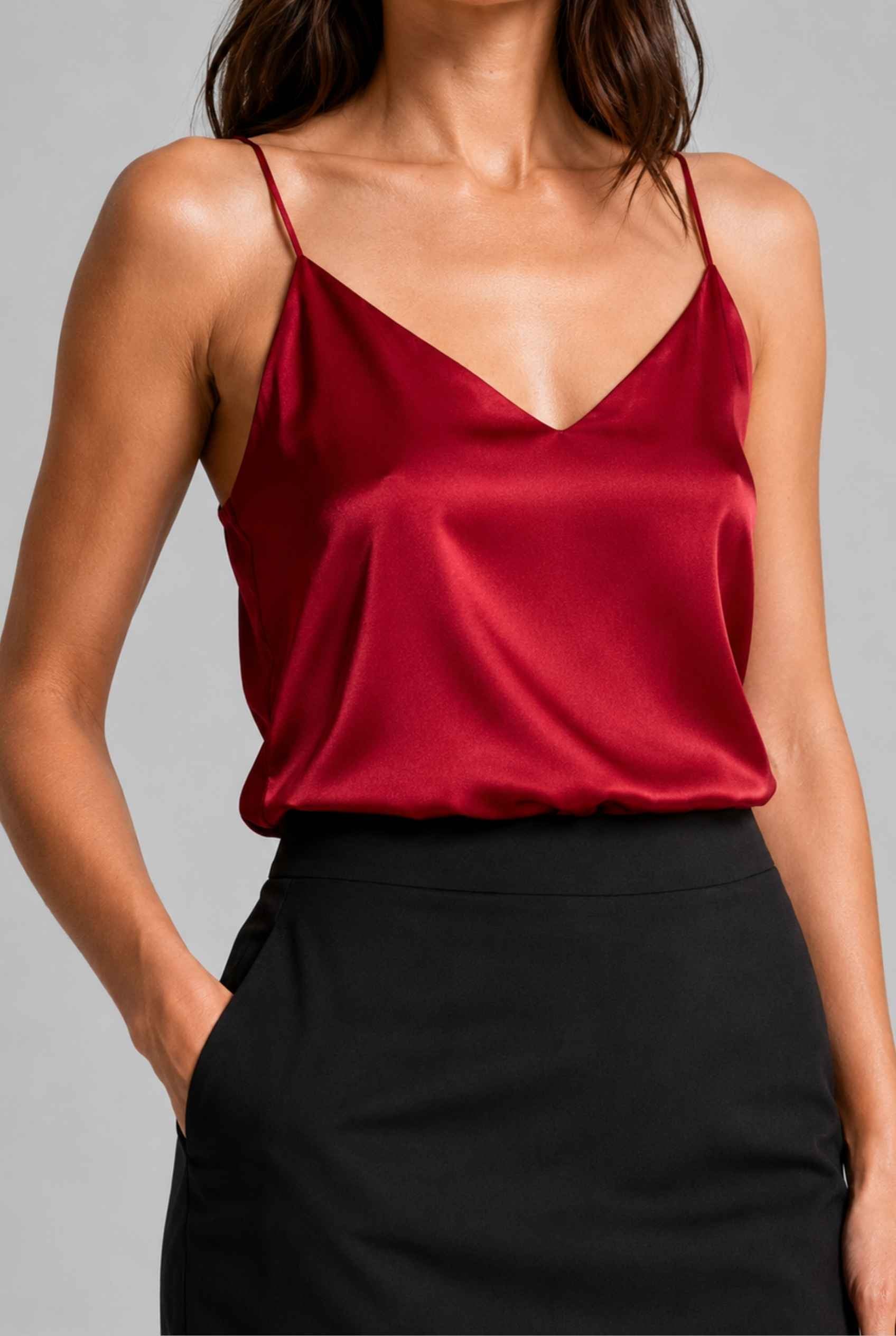 Virtual Model wearing The Elena Satin Camisole V-Neck Liquid Satin Red Tank Top