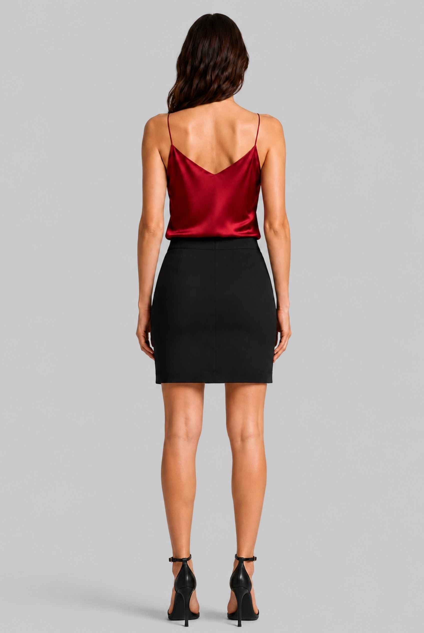 Virtual Model wearing The Elena Satin Camisole V-Neck Liquid Satin Red Tank Top