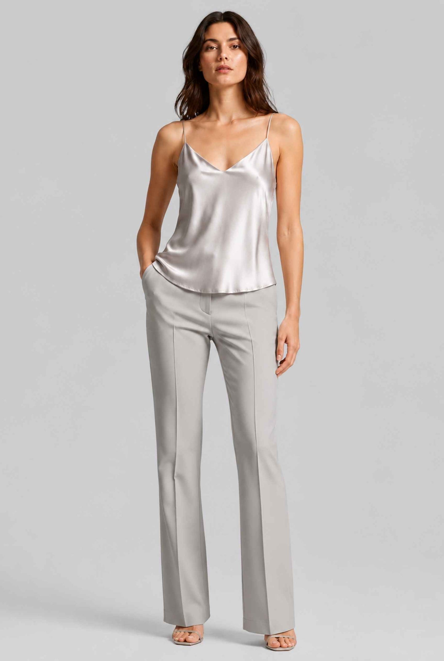 Virtual Model wearing The Elena Satin Camisole V-Neck Liquid Satin Silver Tank Top