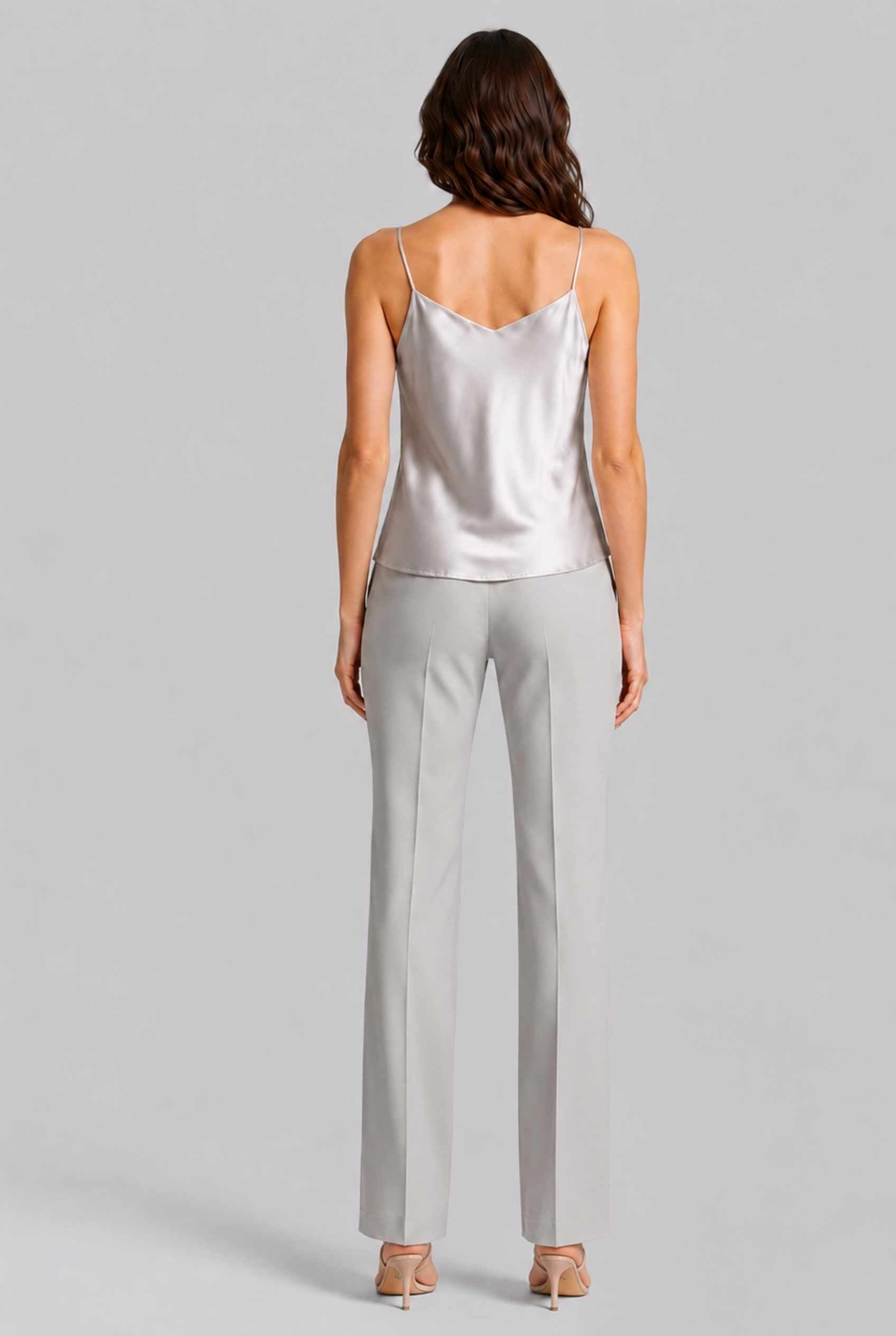 Virtual Model wearing The Elena Satin Camisole V-Neck Liquid Satin Silver Tank Top