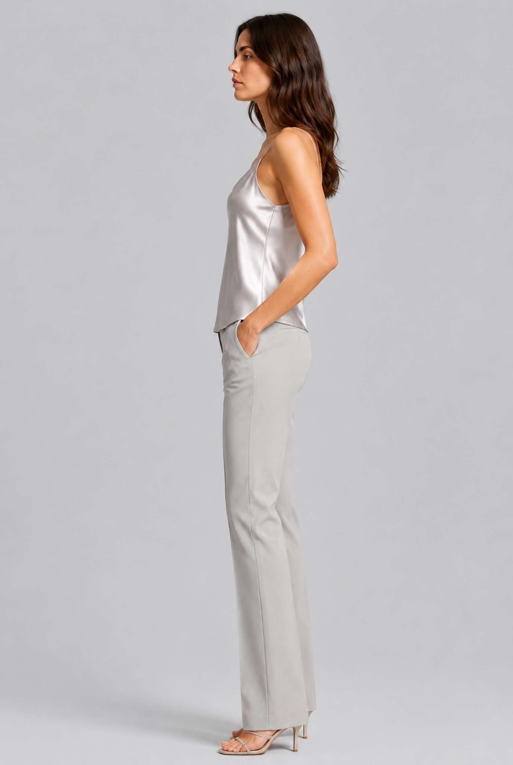 Virtual Model wearing The Elena Satin Camisole V-Neck Liquid Satin Silver Tank Top