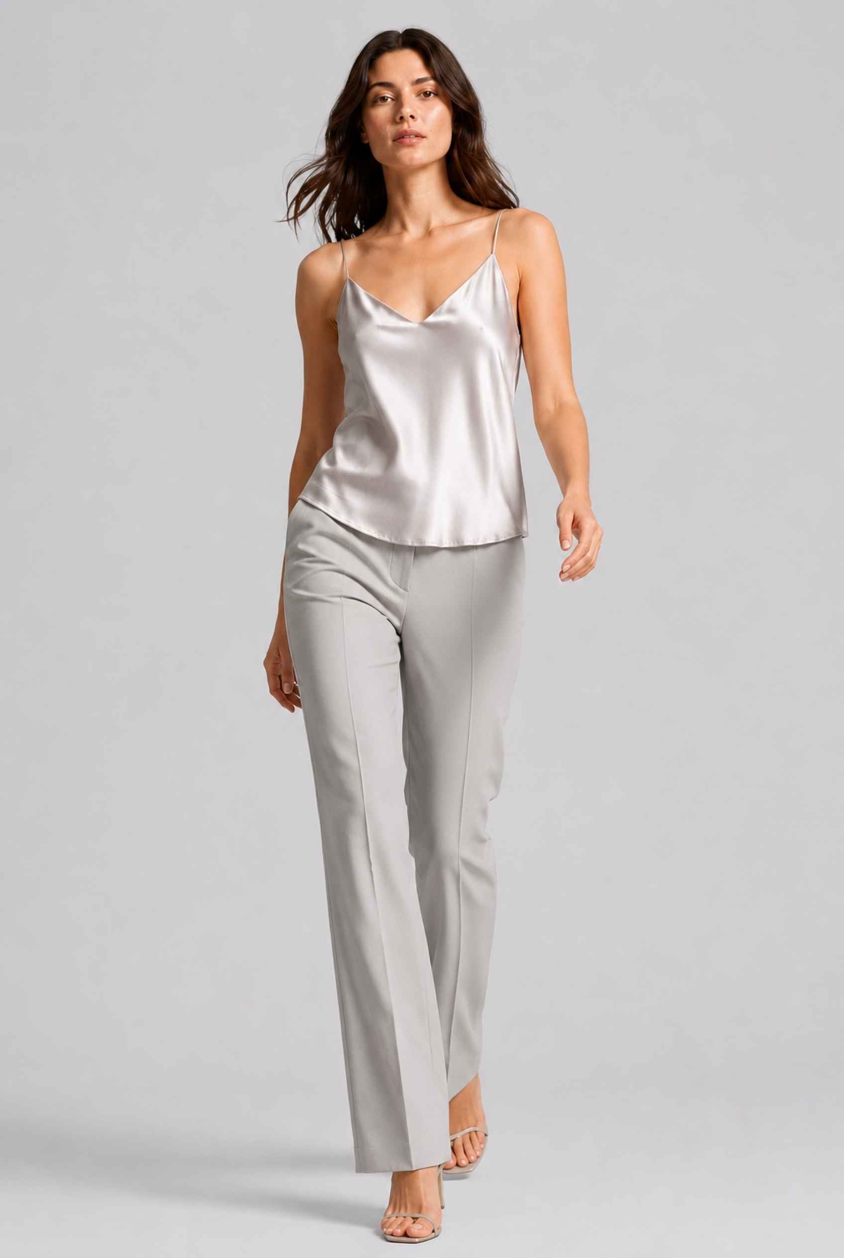 Virtual Model wearing The Elena Satin Camisole V-Neck Liquid Satin Silver Tank Top