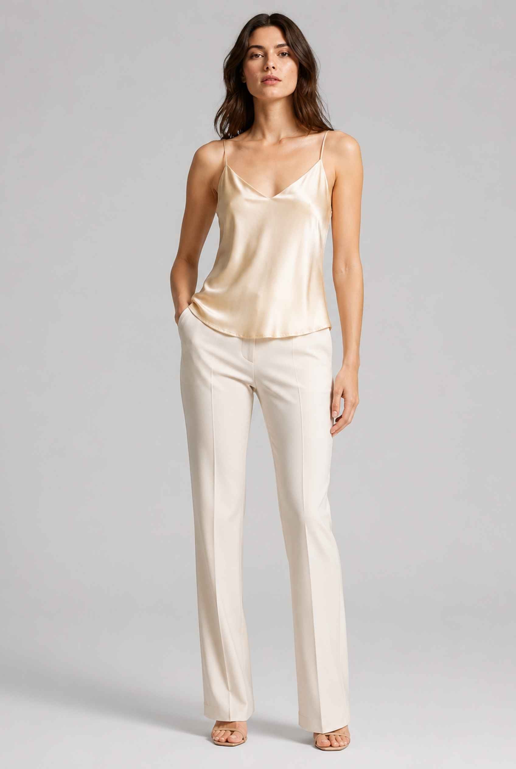 Virtual Model wearing The Elena Satin Camisole V-Neck Liquid Satin Yellow Tank Top