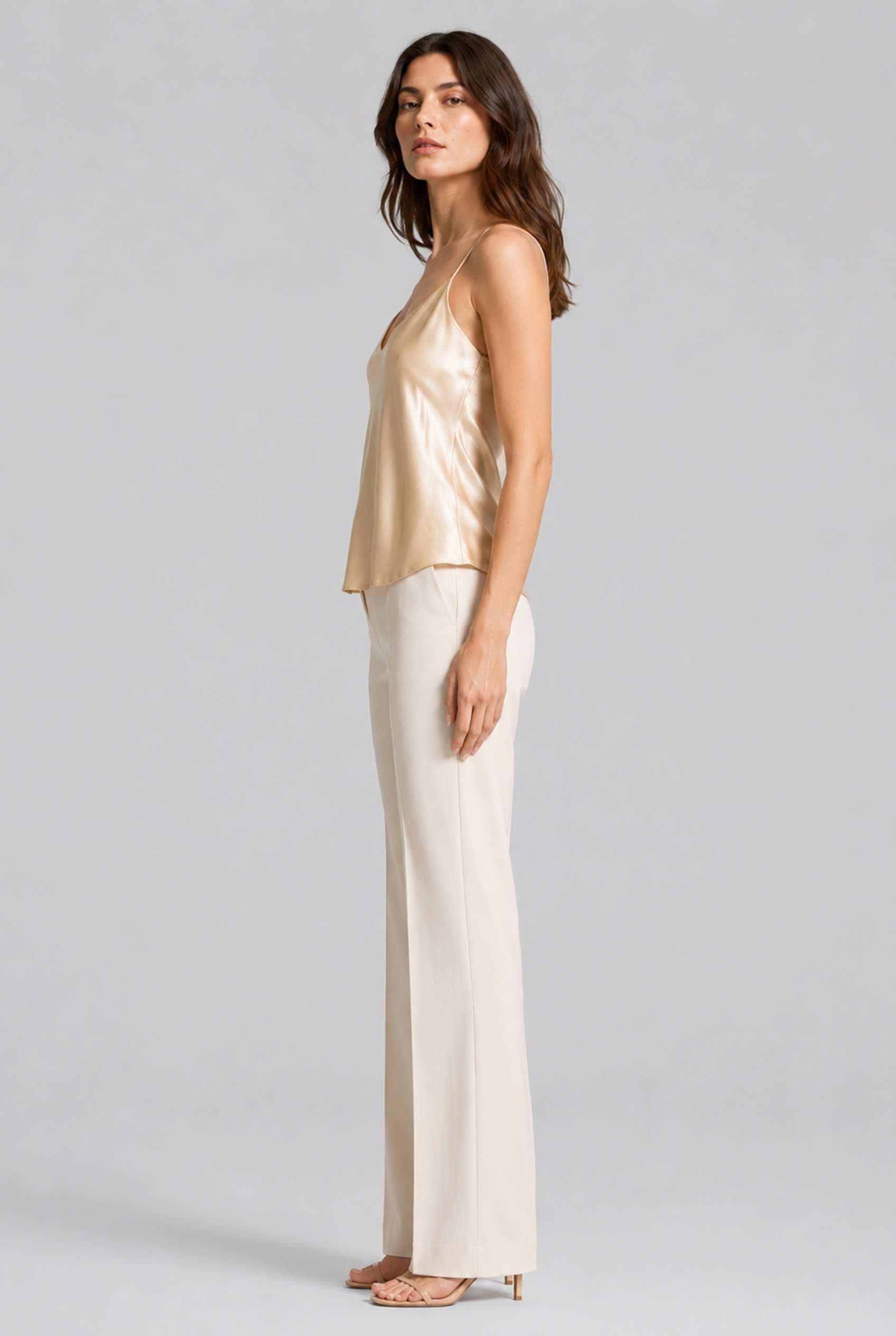 Virtual Model wearing The Elena Satin Camisole V-Neck Liquid Satin Yellow Tank Top