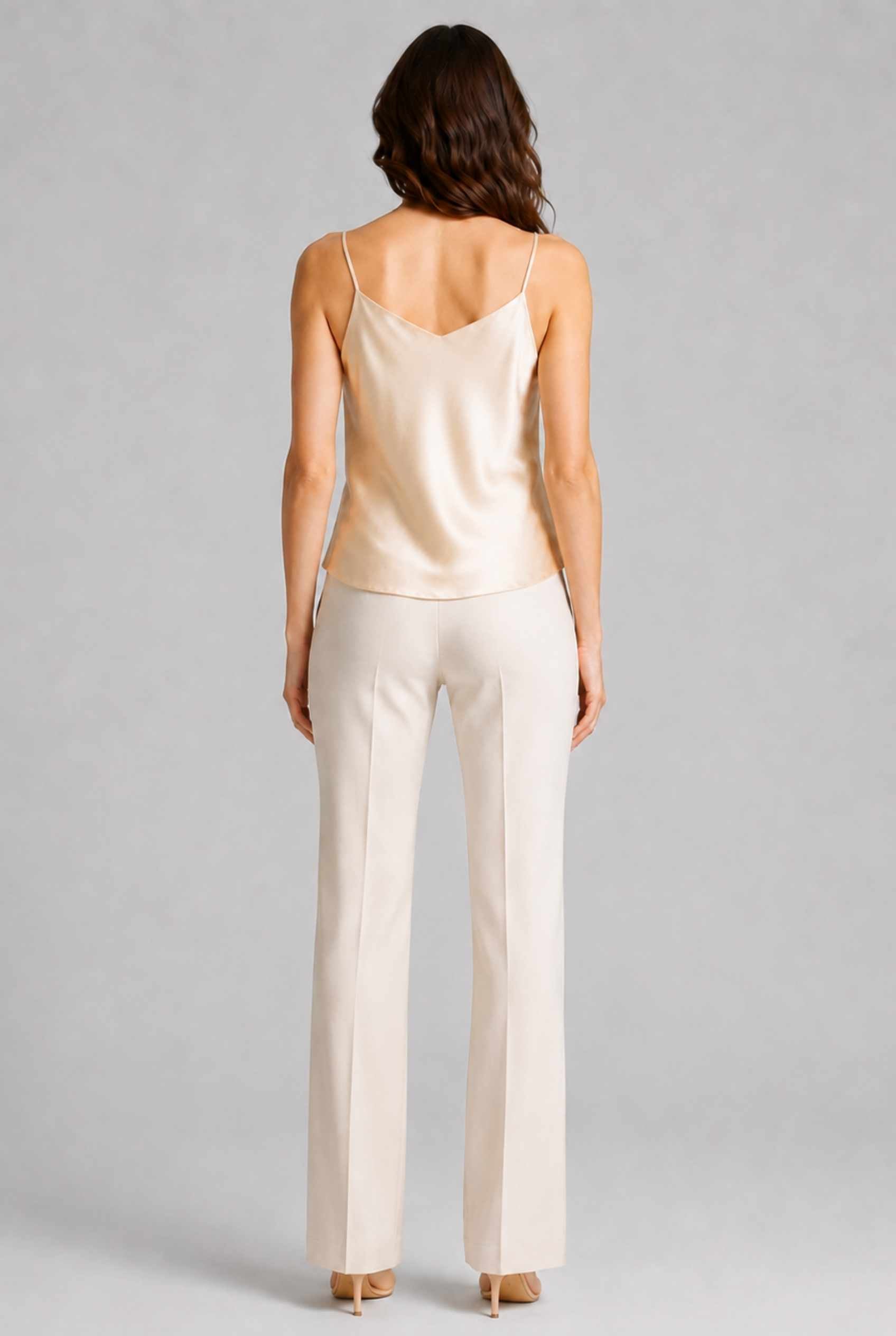 Virtual Model wearing The Elena Satin Camisole V-Neck Liquid Satin Yellow Tank Top