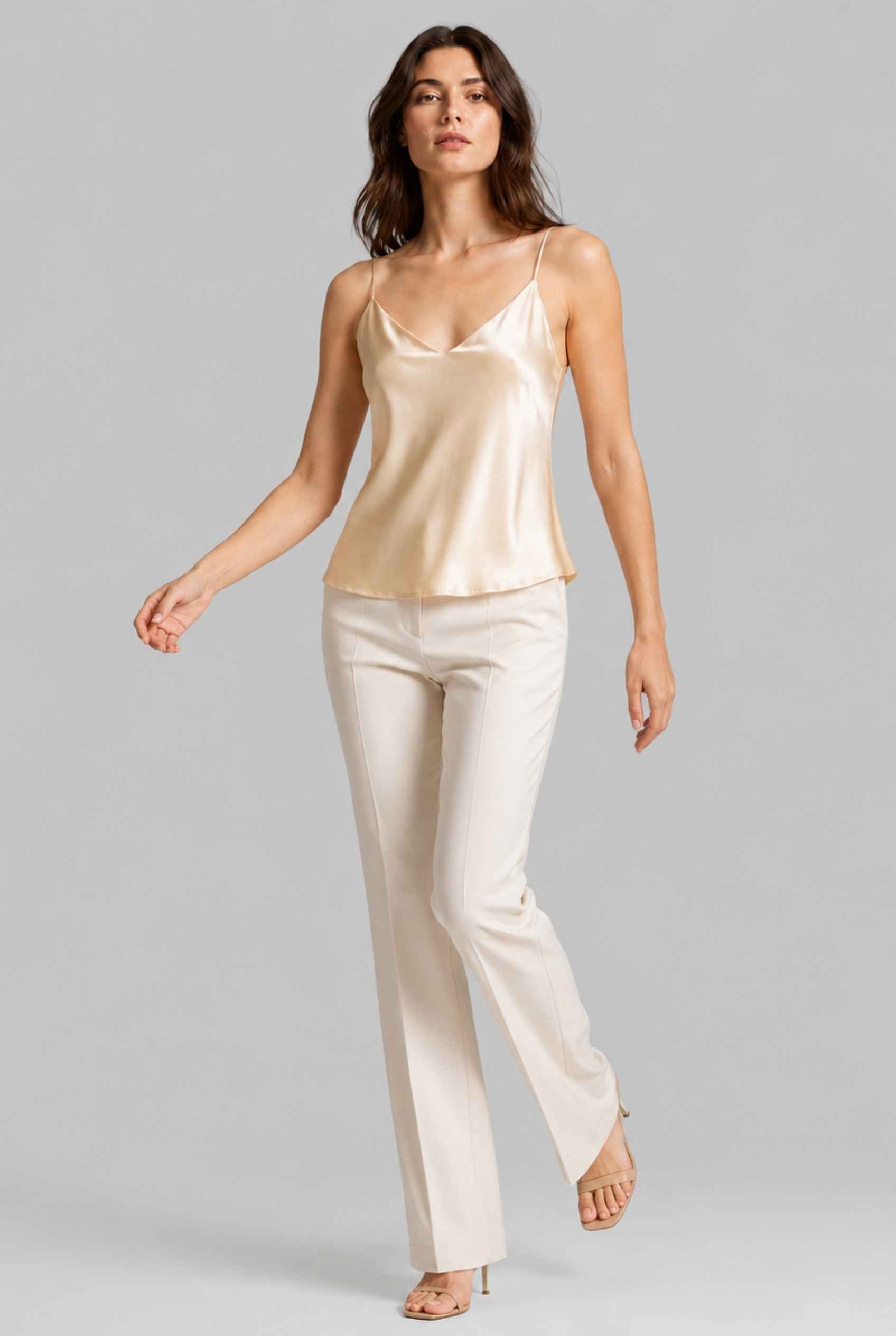 Virtual Model wearing The Elena Satin Camisole V-Neck Liquid Satin Yellow Tank Top
