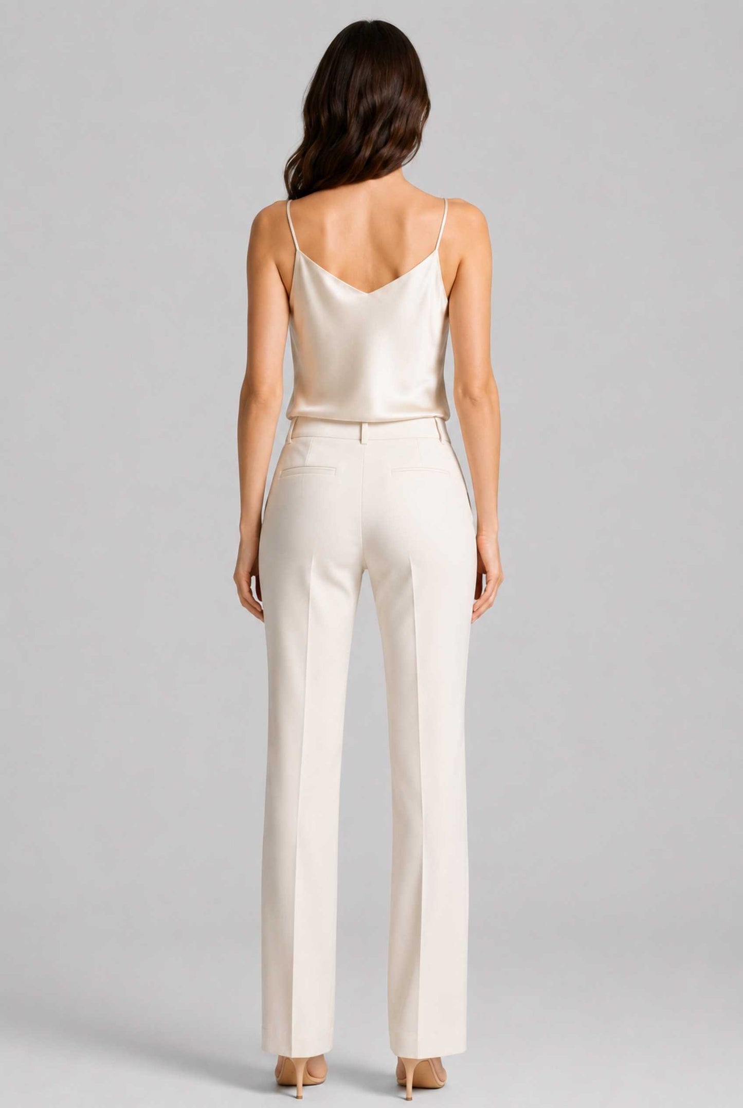 Virtual Model wearing The Elena Satin Camisole V-Neck Liquid Satin Champagne Tank Top