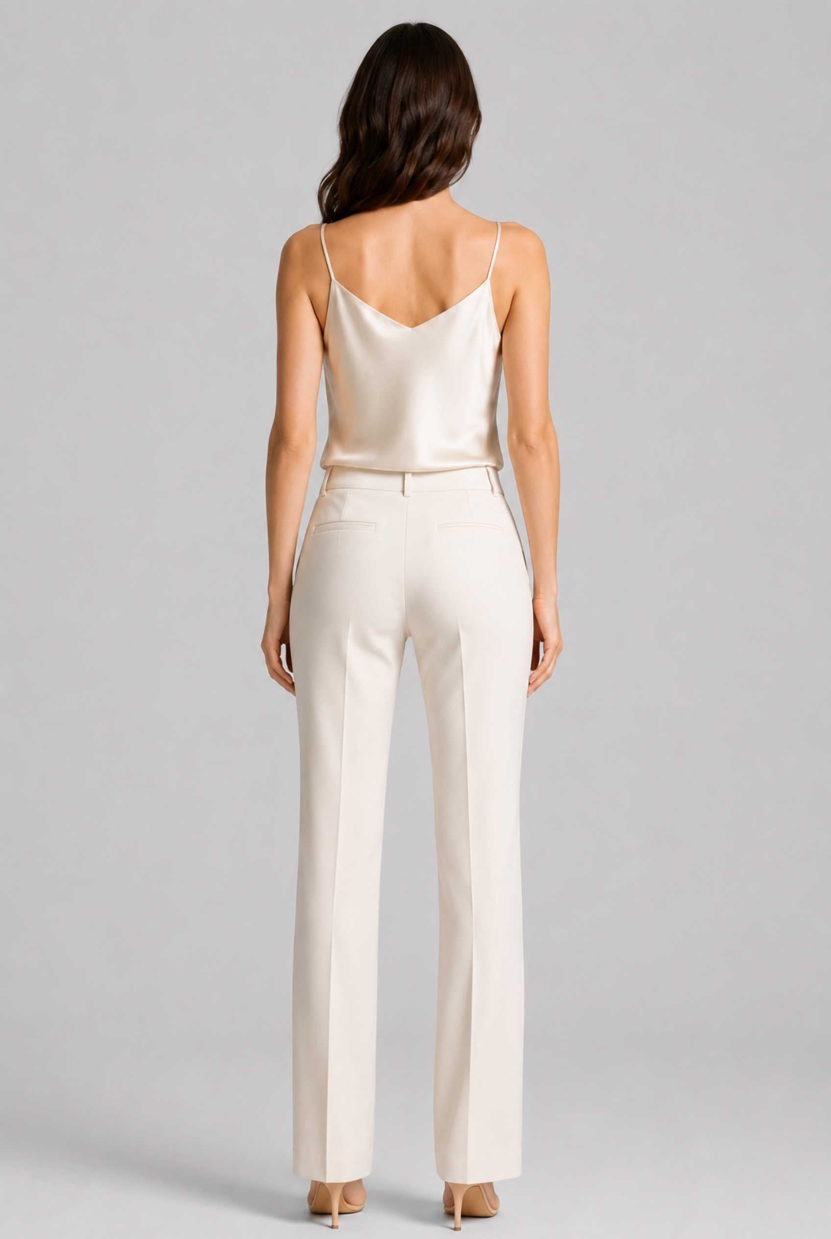 Virtual Model wearing The Elena Satin Camisole V-Neck Liquid Satin Champagne Tank Top