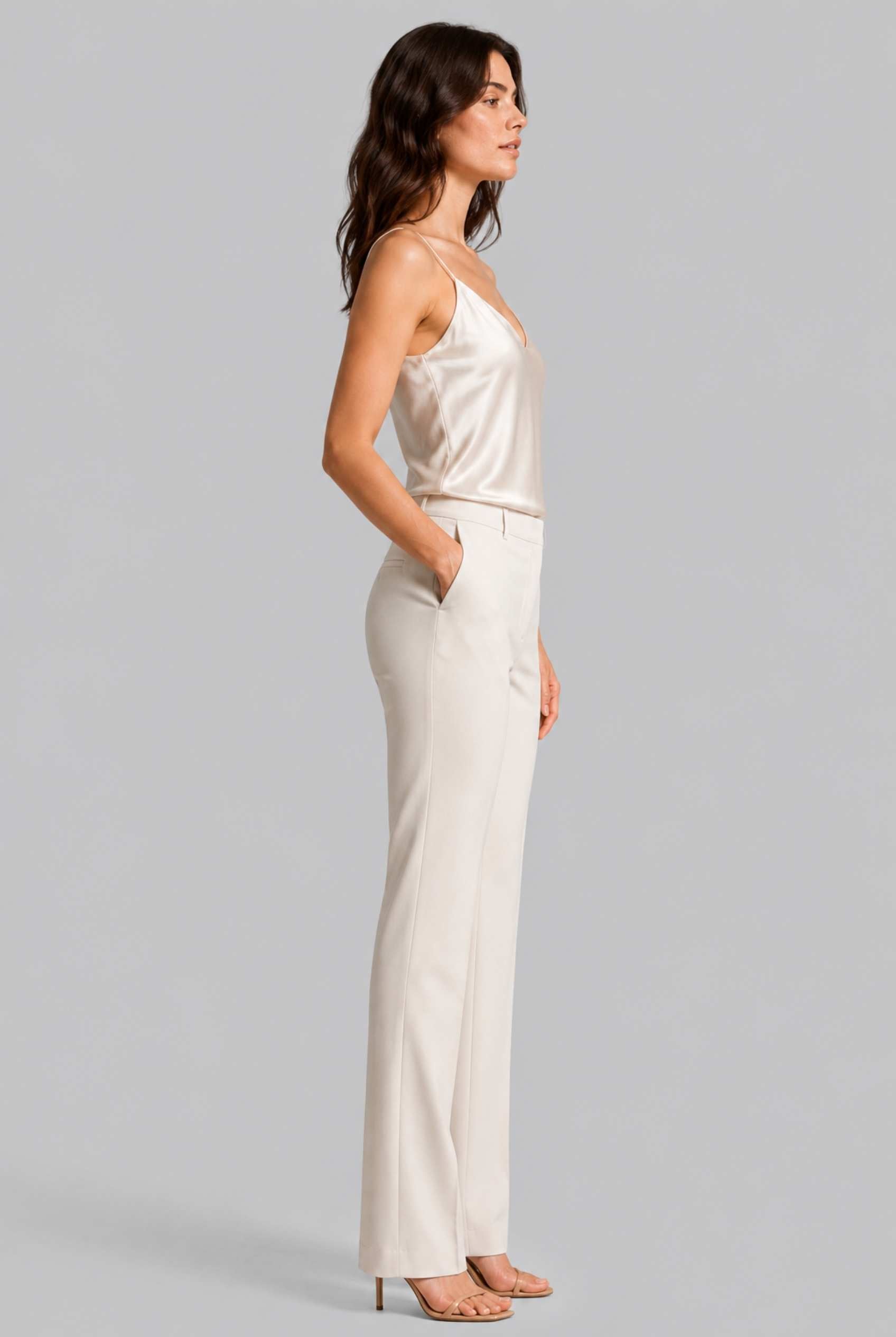 Virtual Model wearing The Elena Satin Camisole V-Neck Liquid Satin Champagne Tank Top