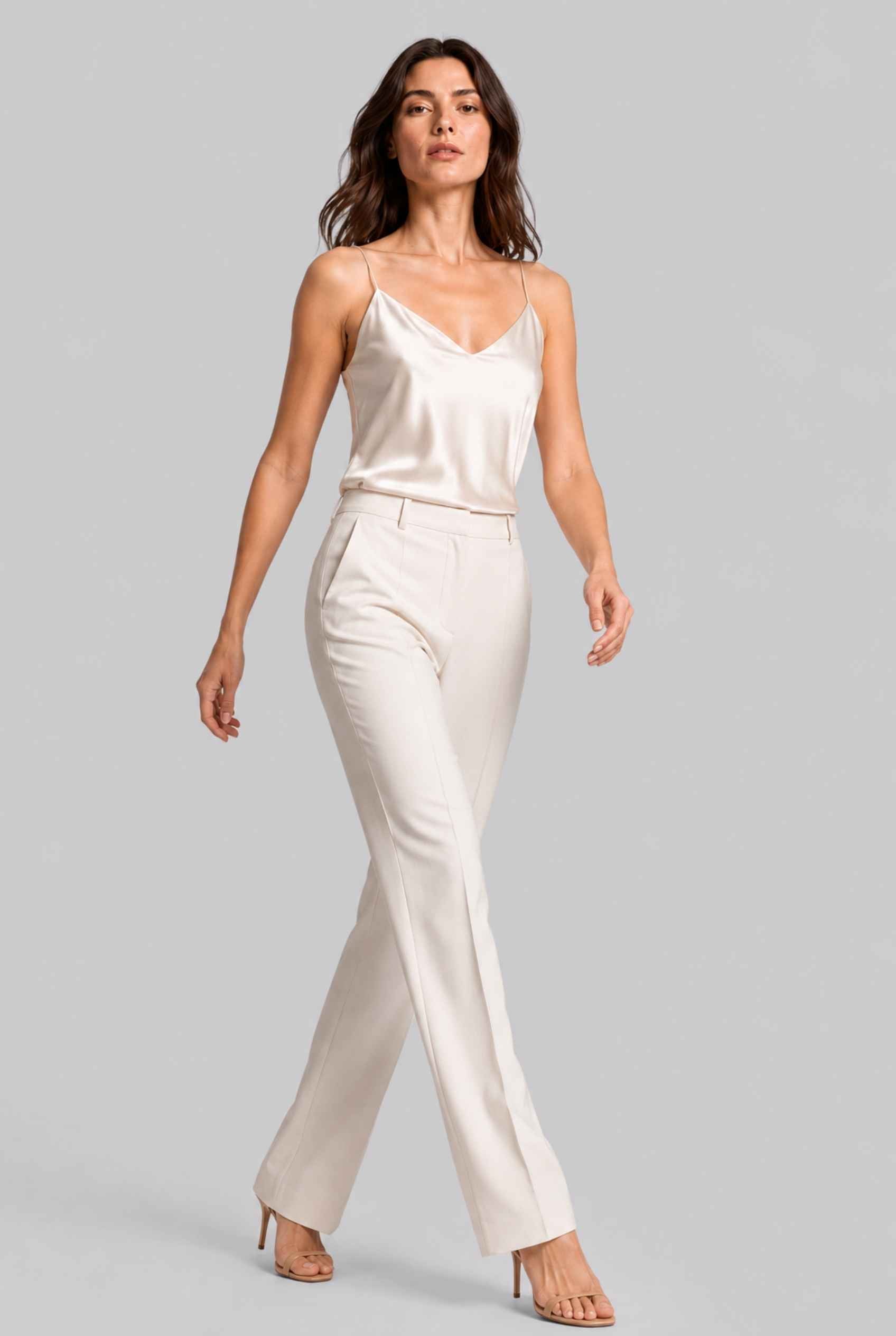 Virtual Model wearing The Elena Satin Camisole V-Neck Liquid Satin Champagne Tank Top