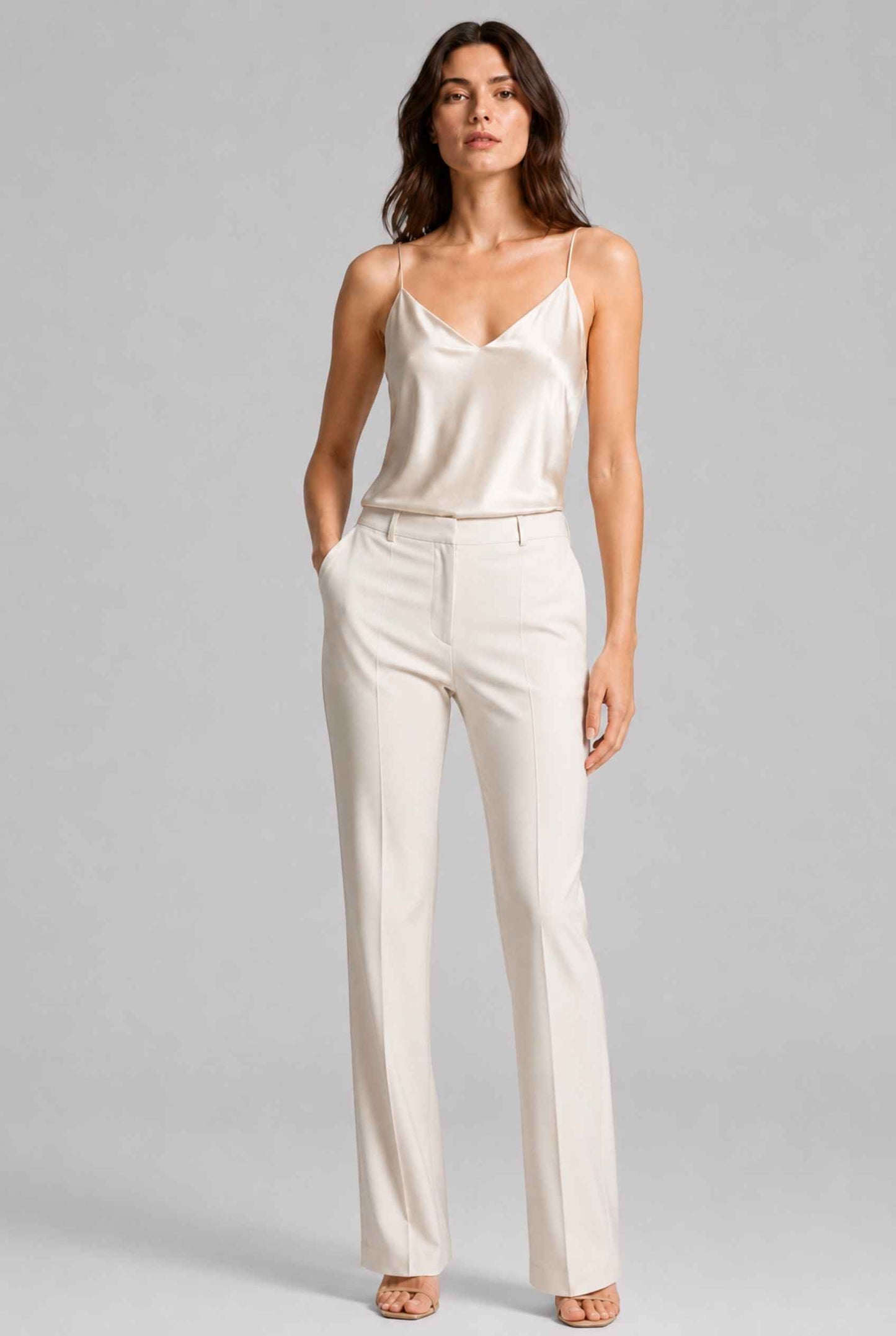 Virtual Model wearing The Elena Satin Camisole V-Neck Liquid Satin Champagne Tank Top