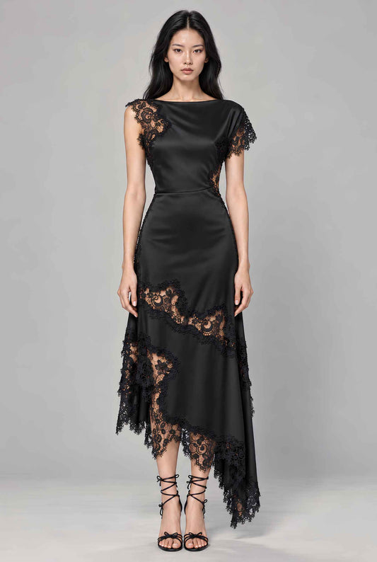Virtual model wearing The Eleonora Lace Satin Dress Lace-Inset Asymmetrical-Hem Gown in Black
