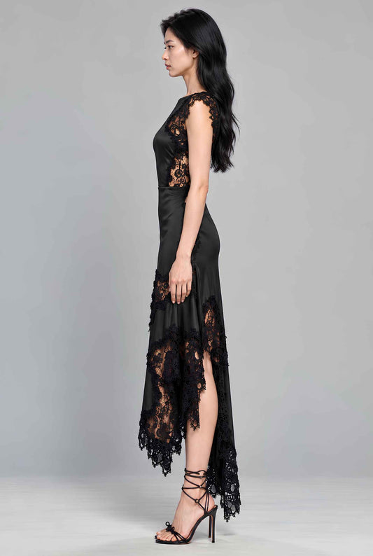 Virtual model wearing The Eleonora Lace Satin Dress Lace-Inset Asymmetrical-Hem Gown in Black