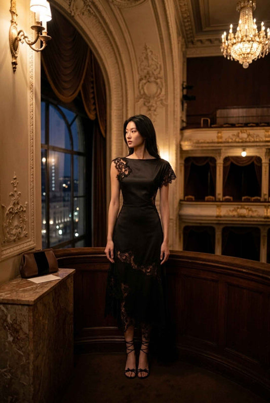 Virtual model wearing The Eleonora Lace Satin Dress Lace-Inset Asymmetrical-Hem Gown in Black