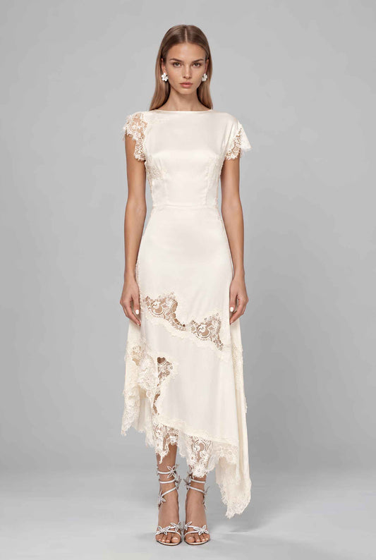 Virtual model wearing The Eleonora Lace Satin Dress Lace-Inset Asymmetrical-Hem Gown in Cream