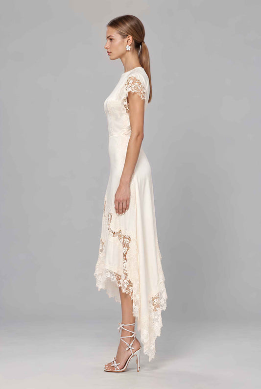 Virtual model wearing The Eleonora Lace Satin Dress Lace-Inset Asymmetrical-Hem Gown in Cream